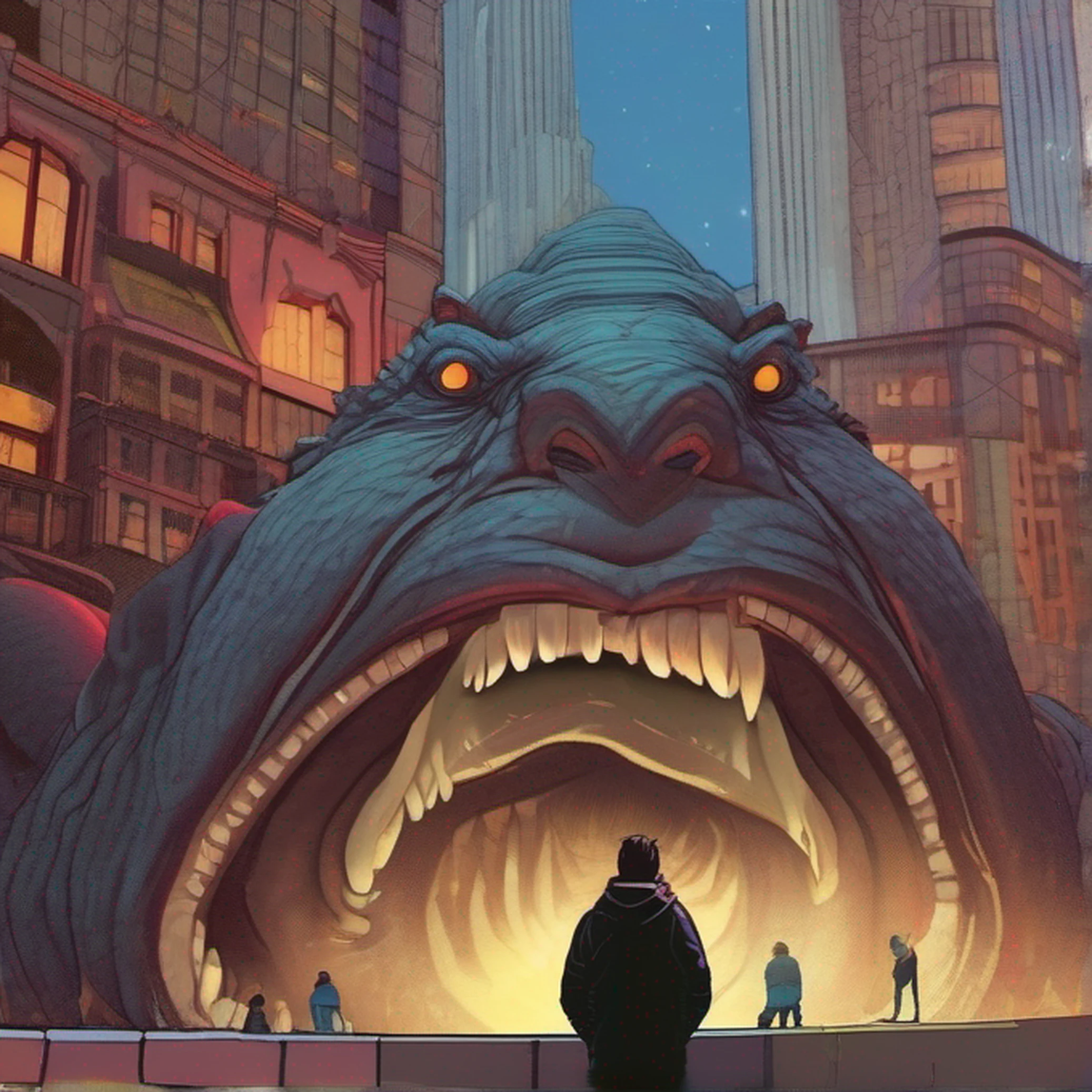 uma pintura fosca altamente detalhada de um homem em uma colina observando um monstro gigante, alto contraste, cores fortes, volumeric lighting, octane rendering, 4K分辨率, trending on ArtStation, obra-prima