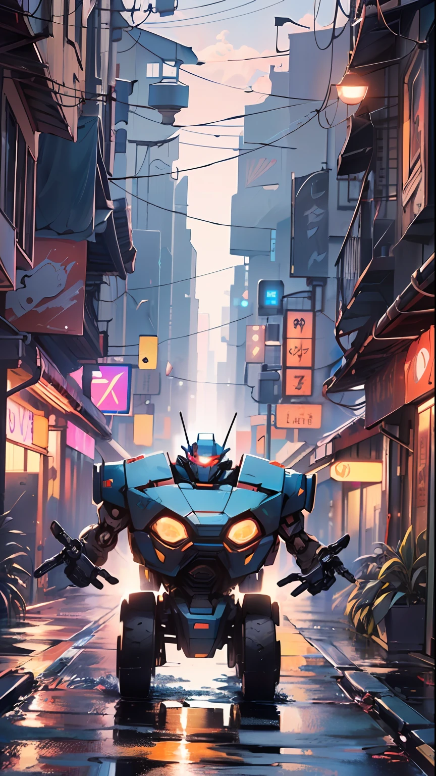 (((TV robot with mechanical arms and legs))),
(((tiny little robot))) with ((((TV head)))). He has (((shaped like a cube with mechanical arms and legs))), and a (((screen on his face))) that displays emoticons and coded messages.
(((Object_head,televison_head))),
(dynamic pose:1.0), solo focus, centered, scale to fit dimensions, Rule of thirds,
outdoors, ((night view)), (cyberpunk night street Background: 1.5,dark sky,alleyway,lonely alley,thick clouds, detailed background:1.25),
(best quality), (high resolution), (sharp focus), (ultra detailed), (extremely detailed), (extremely high quality artwork), 8k_wallpaper, (extremely detailed CG 8k),(very fine 8K CG), ((hyper super ultra detailed perfect piece)), flawless, (((masterpiece))), illustration, vibrant colors, (intricate), High contrast, Selective lighting, Double exposure, HDR (High Dynamic Range), Post-processing, Background blur,