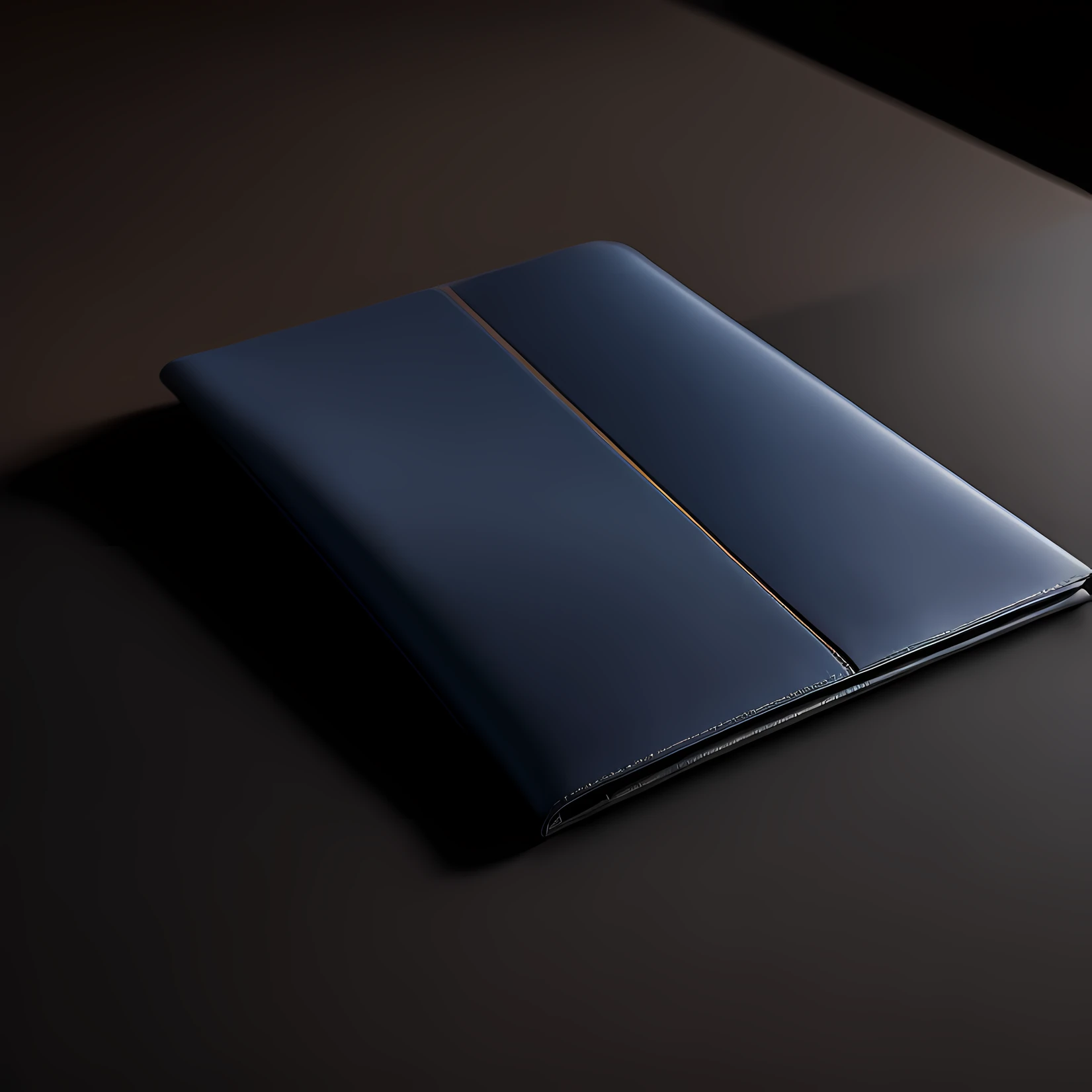 On the table was a blue-gray folder,The folder is placed on a black Visualizer,product closeups,Bottom view,solid color backdrop,Business style,close angle,Product photo,f / 2 0, Leather Pouch, Natural soft light,author:Emma Andievska, close-up product photo, Sacoche, full product shot, Fluid bags,Natural soft light