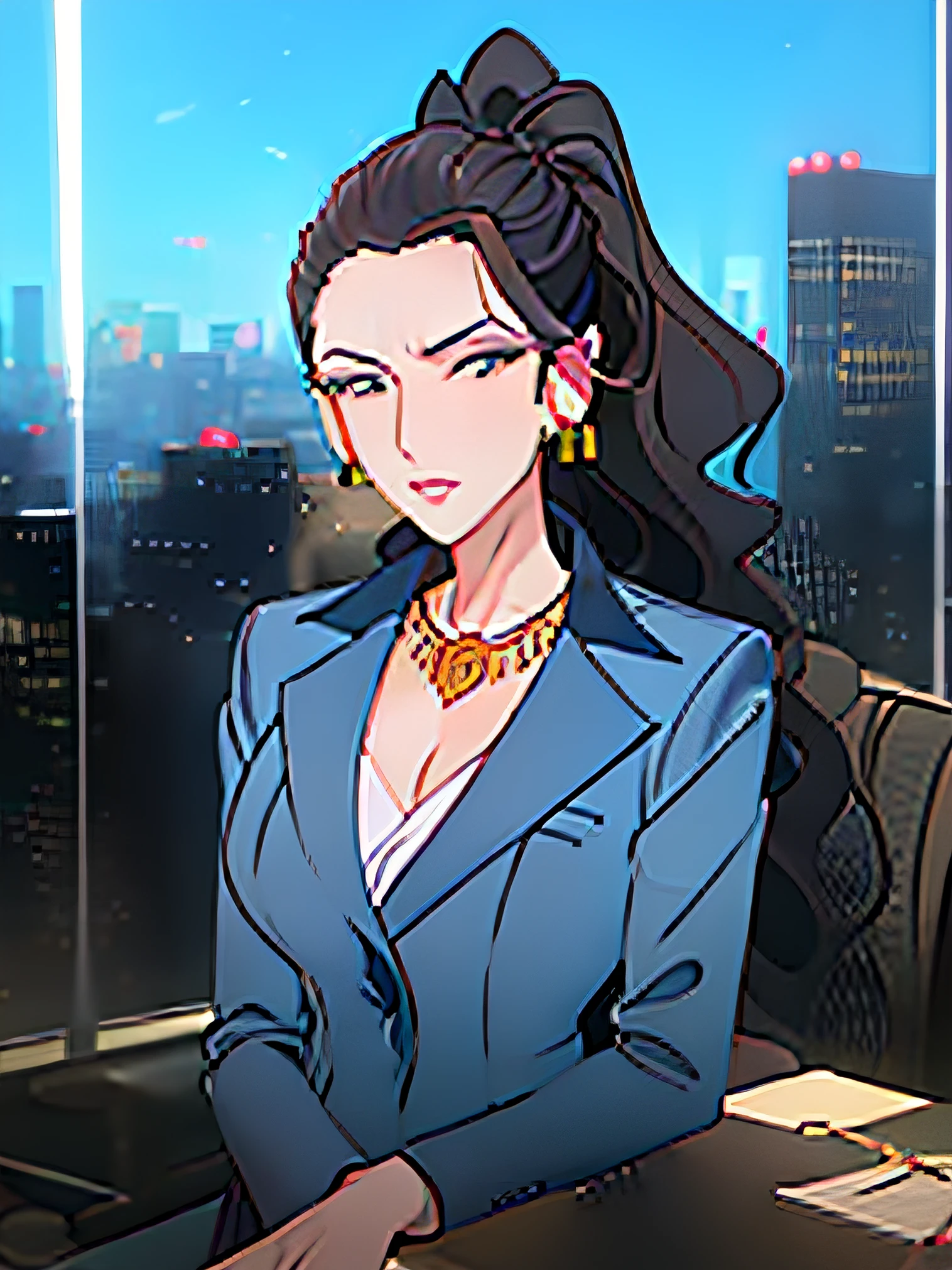 best quality, color illustration
1girl, solo, cowboy shot of a mature female (executive mishiro:1.1) worn formal business suit, jwewlry earrings and necklace, thick makeup eyeshadow, long high pony-tail, large breasts, cleavage, 
BREAK sitting on desk and (intimidating and frown:0.7), at office, cityscape at outside window, laptop,
(expressionless:1.1), seductive, intricate decolative eyelashes eyeliner,