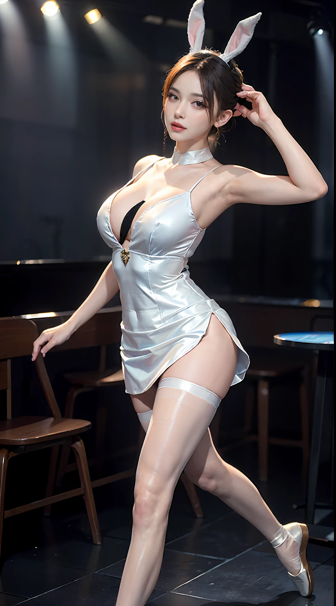 Surrealist women by David Hockney and Alphonse Mucha,Fantasyart,photographrealistic,动态照明,art stations,poster for,huge tit!lamplight,Stage,perform,theater,Volumetriclighting,Tall beauty,body high,Very detailed faces,4 k'',1girll,Stage,low tune,facial closeups,(White ballet costume,Ballet costume,Ballet costumes,ballet dance,Miniskirt bunny girl headdress,cleavage:1.4), updo hair,lots of people,Redlip,ssmile,low chest,deep v big breasts,huge tit,Raised sexy,Bigchest,Large breasts,Breast swelling,Raised chest,blackstockings,Breasts are plump,crisp breasts,A plump chest,the breasts are large,Seductive expressions,Wear earrings,The skirt floated,Hair flowing up,Fairy under fan,wearing a choker,Wear a bracelet,The stands up,standing on your feet,long leges,blackstockings,Wet all over,Moisturizes the whole body,huge tit,Red lips,stocklings,gigantic cleavage breasts,black lence stockings,slenderlegs,Hot dance,ballet dance,Ballerina,full bodyesbian,beautifullegs,Dance,gracefulness,soft,softness,Noble,Rich,largeeyes,eye shadows,Long legs,beautifullegs,Thin leg,split,splitting legs,Dance,Dancer,split,Aerial capture,Jump up,Suspended in the air,Dancing in the air,legs long