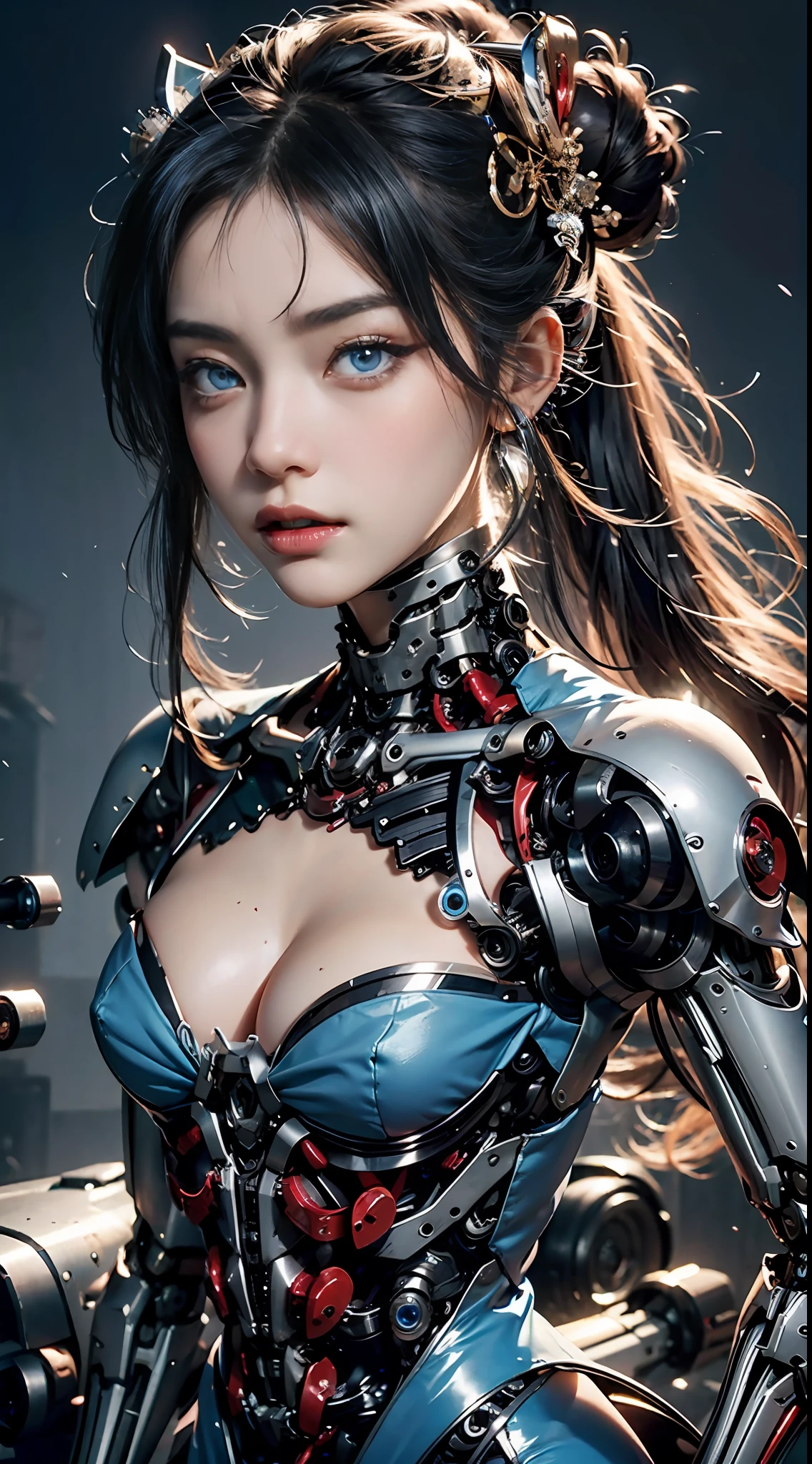 Beautiful Japanese Geisha, mechanical jaw, transparent mechanical jaw, cleavage, blue dress, broken mechanical lower face, ((((lower face mechanical))), detailed blue eyes