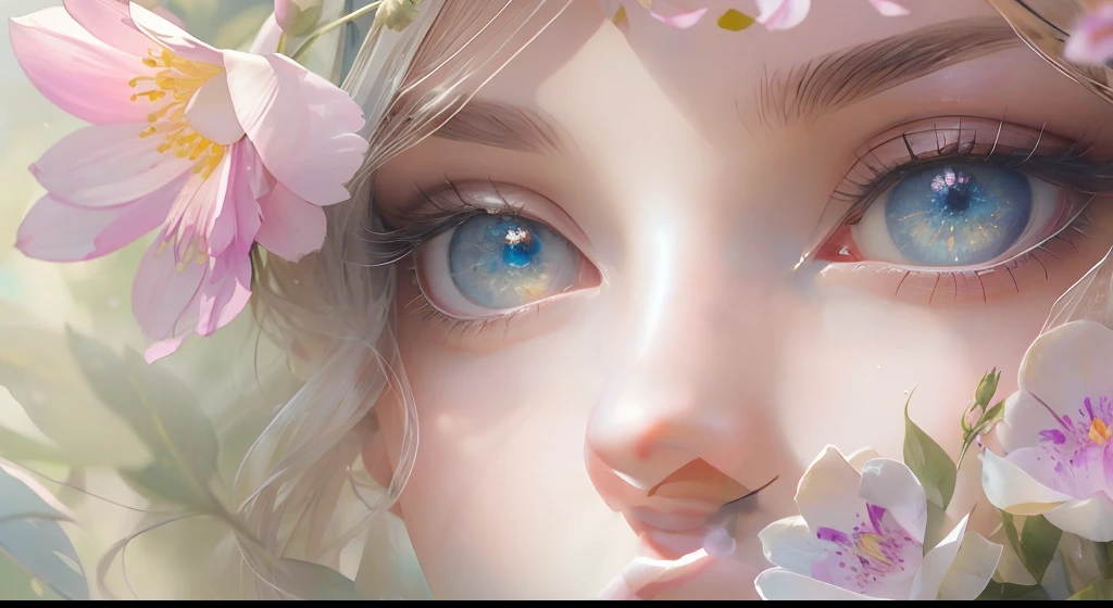 This artwork is dreamy and ethereal, with soft pink watercolor hues. Generate a delicate and demure flower maiden with soft, realistic hair dancing in the breeze. Her sweet, realistic face is extremely detailed and has puffy, big lips and stunning, highly realistic eyes. Her eyes are important and should be realistic, highly detailed, and beautiful. The flower maiden is wearing delicate and elegant fabric of silk and satin. She is surrounded by beautiful flowers of varying sizes and colors and flower petals dancing in the wind around her. The background is detailed, wild, and unruly, with wildflowers and wind and pollen creating a dynamic and compelling image. She wears an ornately flowered headdress that enhances her soft beauty. Include a soft watercolor sky. Include fantasy details, enhanced details, iridescence, colorful glittering wind, and pollen. Pay special attention to her face and make sure it is beautifully and realistically detailed. The image should be dreamy and ethereal.8k, intricate, elegant, highly detailed, majestic, digital photography, art by artgerm and ruan jia and greg rutkowski, (masterpiece, finely detailed beautiful eyes: 1.2), hdr, realistic skin texture, ((fantasy00d:1)), rays of light, ornate flowers, dew drops, sunlight, hazy rays of sun, flowergateway style, castle, palace, archway, flowers, growing