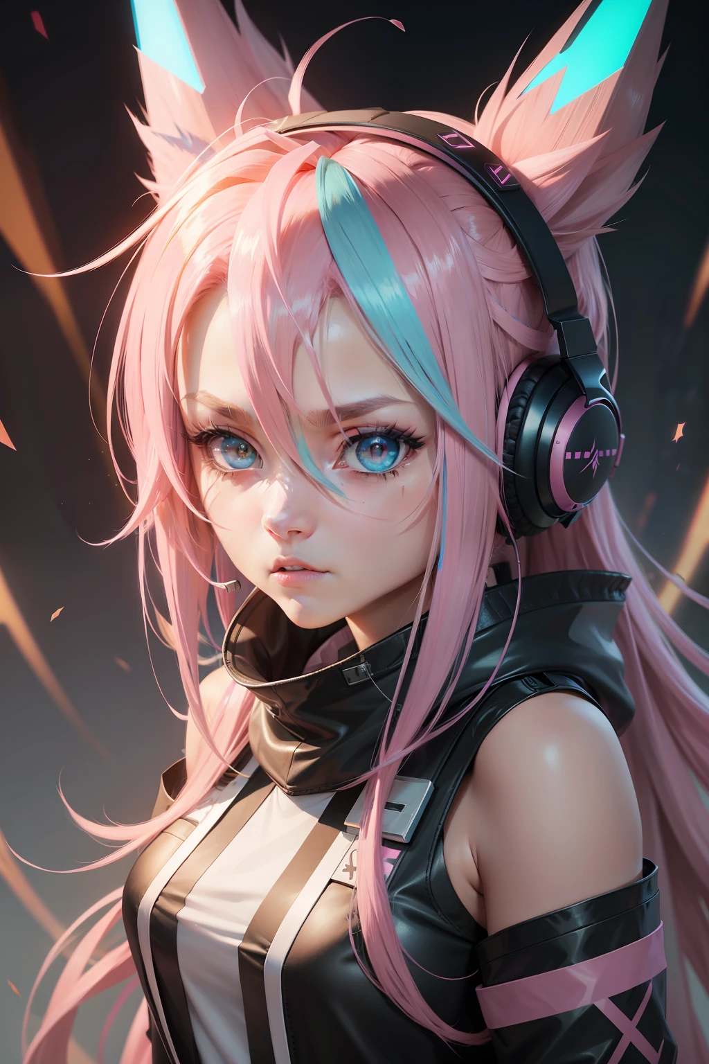 streaked hair, asymmetrical hair, ahoge, pink hair, halo, halo, headphones, headphones, behind-the-head headphones, dragon horns, aqua eyes, snake pupils, heterochromia, pointy ears, thinking, Surrealism, Cubist Futurism, anime, anime, cinematic lighting, sparkle, retina, anatomically correct