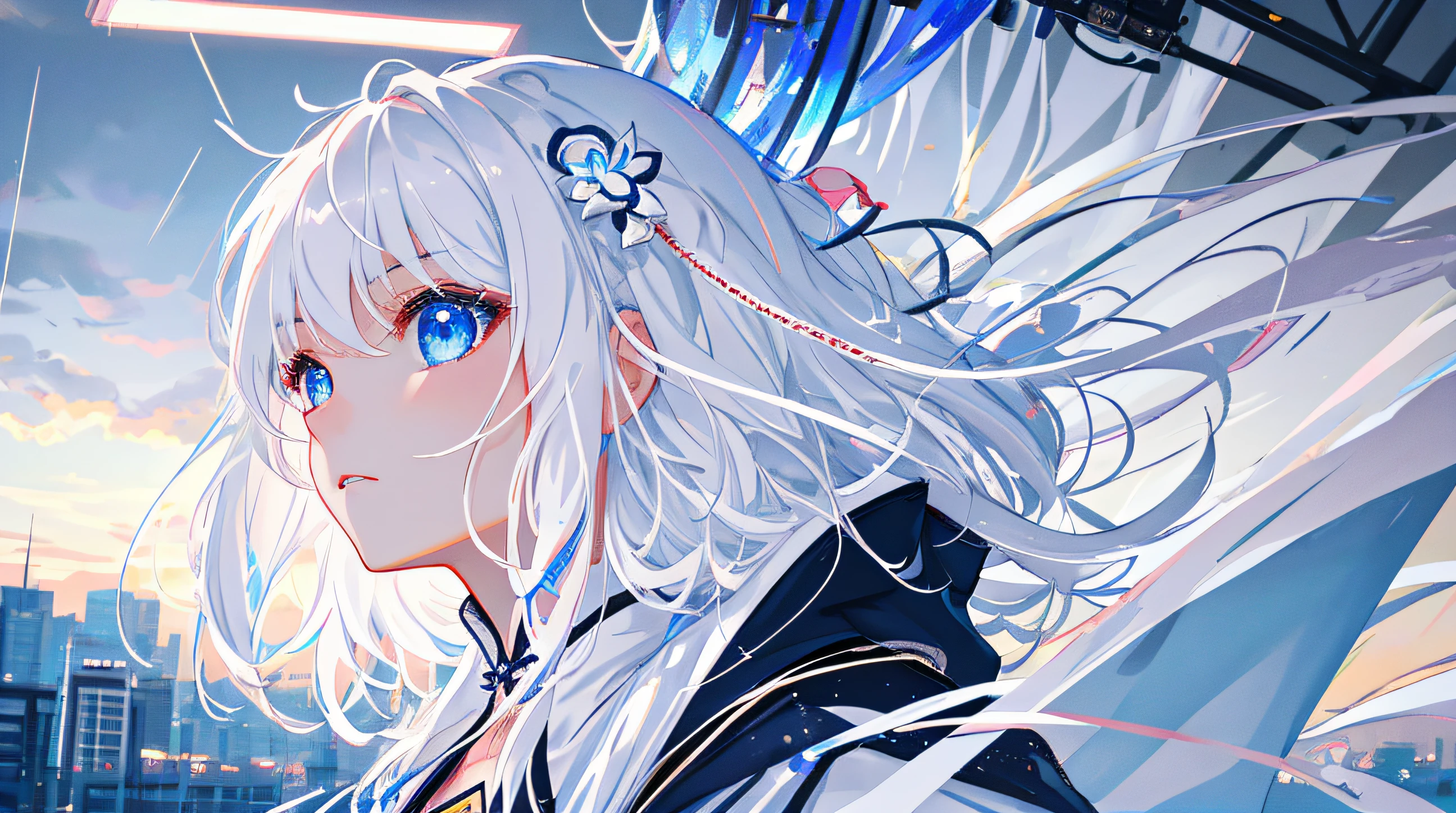 tmasterpiece， best qualtiy， extremely detaile， cinematic lightning， intricately details， A high resolution， offcial art， Fine beautiful face and eyes， high-resolution illustrations， 8k， depth of fields， bokeh， 独奏， 1girl， A girl with white hair and blue eyes， Long white hair， A beautiful Blue eyes， Sassy scenery， rainy city， The upper part of the body， looking at viewert， closeup cleavage，White cheongsam