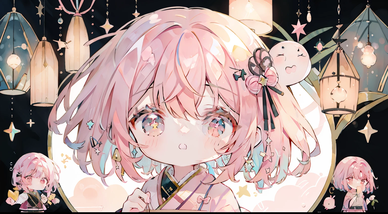 (((((Chibi)))))、Mini、dark pink hair、Medium Hair、Pink military uniform、skirt by the、bow ribbon、Straight face、happen、Hanging eyes、put hands on the hip、masterpiece、Top image quality、top-quality、cute little