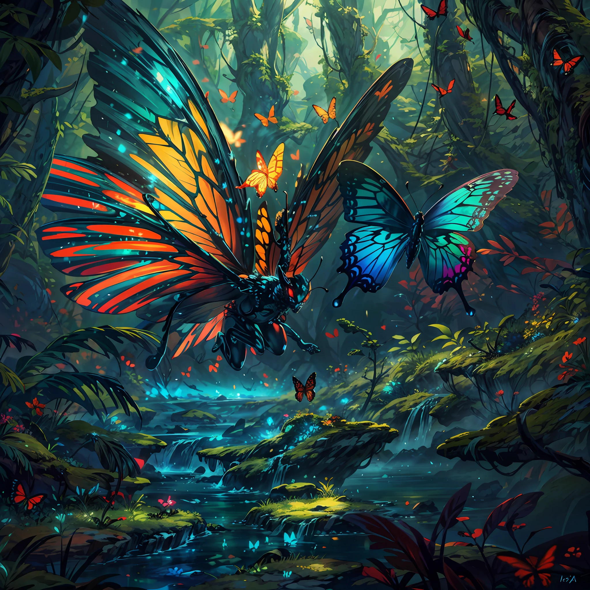 close shot  of a colorful butterfly, big wings, detailed, detailed wings, the butterfly is flying on a big leaf inside an alien forest , glowing wings, crystal like ,focus, alien landscape background .BREAK,Detailed,Realistic,4k highly detailed digital art,octane render, bioluminescent, BREAK 8K resolution concept art, realism,by Mappa studios,masterpiece,best quality,official art,illustration,ligne claire,(cool_color),perfect composition,absurdres, fantasy,focused,rule of thirds,