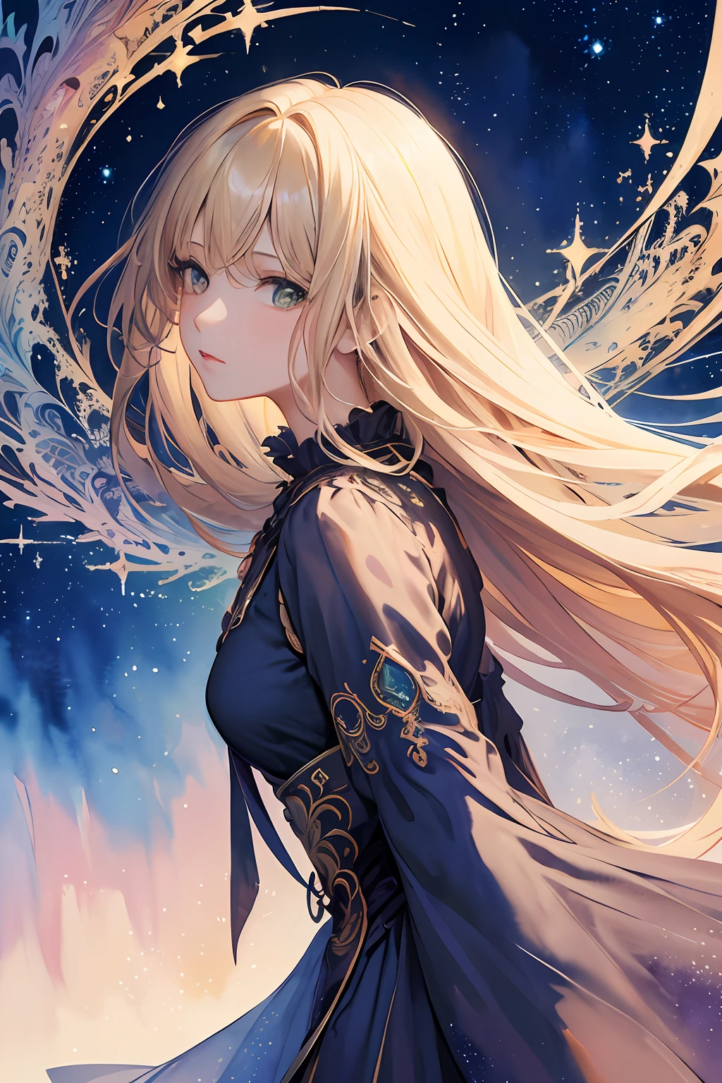 (masterpiece, top quality, best quality,watercolor (medium),official art, beautiful and aesthetic:1.2),(1girl:1.3), (fractal art:1.3),upper body, from side, looking at viewer,patterns,(dark blond color Hair, mid hair),lights, cloud,colorful, starry,stars, Green eyes