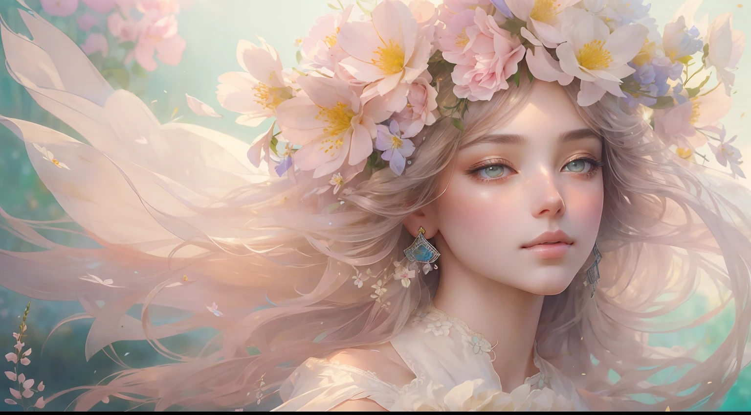 This artwork is dreamy and ethereal, with soft pink watercolor hues. Generate a delicate and demure flower maiden with soft, realistic hair dancing in the breeze. Her sweet, realistic face is extremely detailed and has puffy, big lips and stunning, highly realistic eyes. Her eyes are important and should be realistic, highly detailed, and beautiful. The flower maiden is wearing delicate and elegant fabric of silk and satin. She is surrounded by beautiful flowers of varying sizes and colors and flower petals dancing in the wind around her. The background is detailed, wild, and unruly, with wildflowers and wind and pollen creating a dynamic and compelling image. She wears an ornately flowered headdress that enhances her soft beauty. Include a soft watercolor sky. Include fantasy details, enhanced details, iridescence, colorful glittering wind, and pollen. Pay special attention to her face and make sure it is beautifully and realistically detailed. The image should be dreamy and ethereal.8k, intricate, elegant, highly detailed, majestic, digital photography, art by artgerm and ruan jia and greg rutkowski, (masterpiece, finely detailed beautiful eyes: 1.2), hdr, realistic skin texture, ((fantasy00d:1)), rays of light, ornate flowers, dew drops, sunlight, hazy rays of sun, flowergateway style, castle, palace, archway, flowers, growing