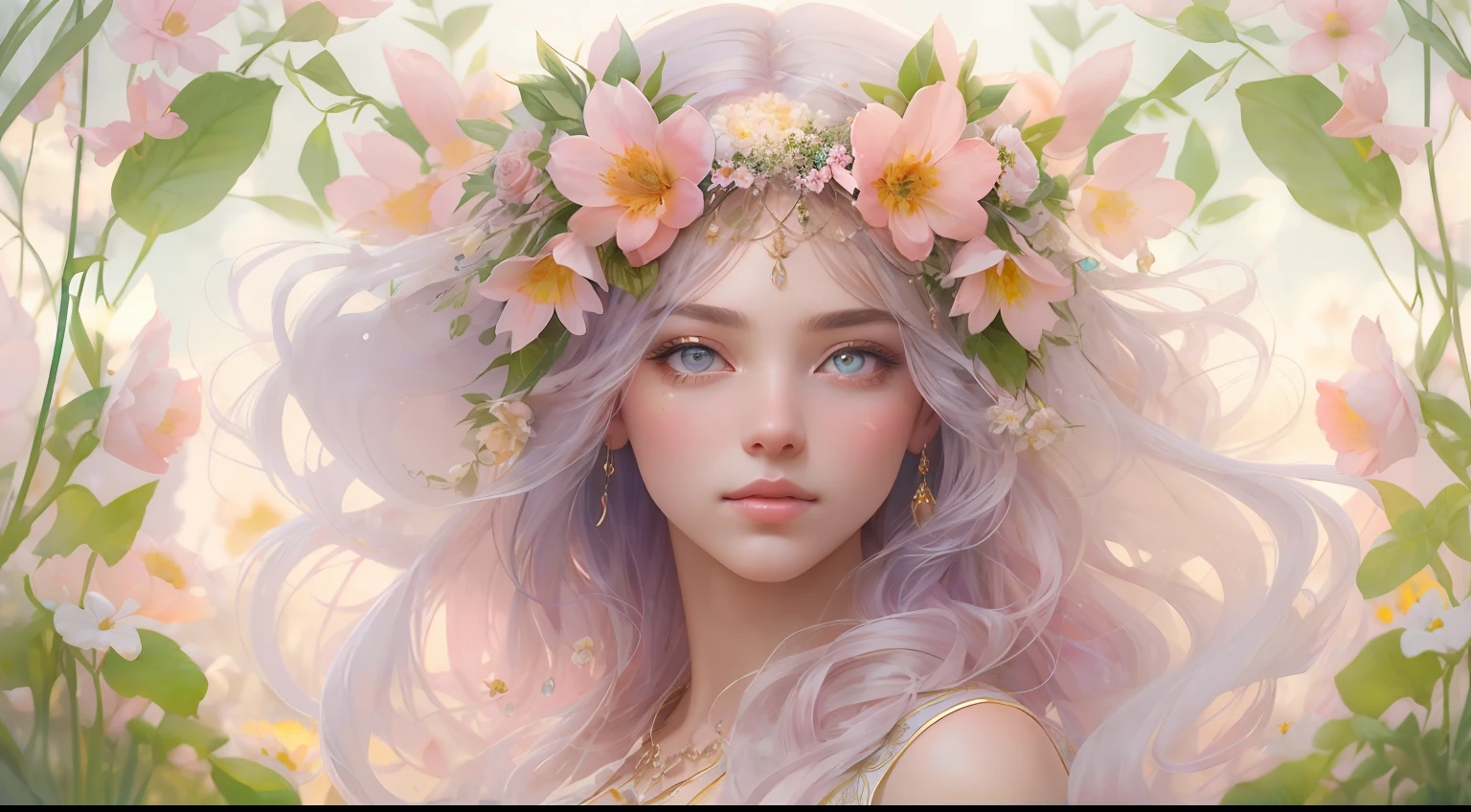 This artwork is dreamy and ethereal, with soft pink watercolor hues. Generate a delicate and demure flower maiden with soft, realistic hair dancing in the breeze. Her sweet, realistic face is extremely detailed and has puffy, big lips and stunning, highly realistic eyes. Her eyes are important and should be realistic, highly detailed, and beautiful. The flower maiden is wearing delicate and elegant fabric of silk and satin. She is surrounded by beautiful flowers of varying sizes and colors and flower petals dancing in the wind around her. The background is detailed, wild, and unruly, with wildflowers and wind and pollen creating a dynamic and compelling image. She wears an ornately flowered headdress that enhances her soft beauty. Include a soft watercolor sky. Include fantasy details, enhanced details, iridescence, colorful glittering wind, and pollen. Pay special attention to her face and make sure it is beautifully and realistically detailed. The image should be dreamy and ethereal.8k, intricate, elegant, highly detailed, majestic, digital photography, art by artgerm and ruan jia and greg rutkowski, (masterpiece, finely detailed beautiful eyes: 1.2), hdr, realistic skin texture, ((fantasy00d:1)), rays of light, ornate flowers, dew drops, sunlight, hazy rays of sun, flowergateway style, castle, palace, archway, flowers, growing