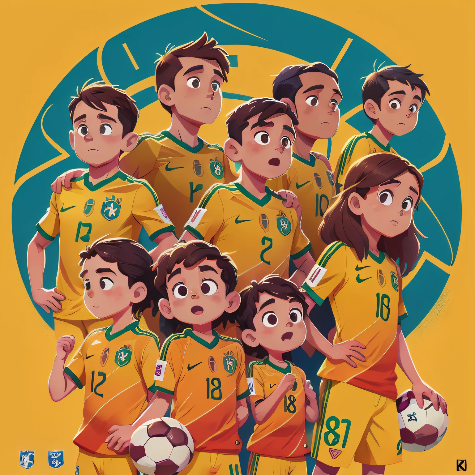 poster com meninos do time de futebol do bairrou, ao centro o principal menino, com cabelos curtos e castanhos, All in yellow uniform of the Brazilian national soccer team, alcuns de perfil, outros de frente, estilo disney pixar, Amazing movie poster, 8k,uhd.