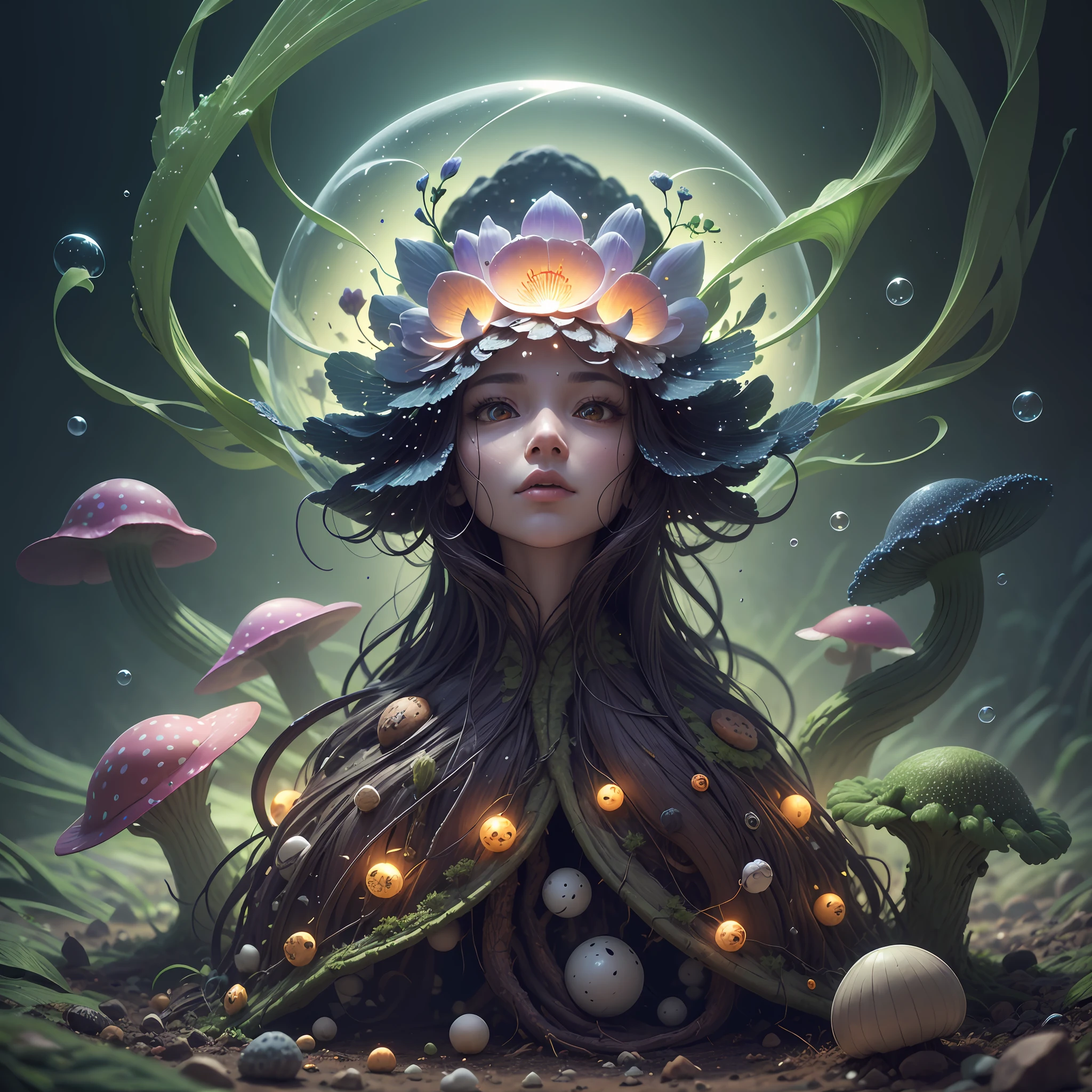 Generate images of creatures with humanoid body structures, But mainly composed of fungal elements. Its head resembles a big head, Dome-shaped crystal spring flower mushroom cap, fanciful, Colorful, Decorated with a luminous speckled pattern. Its arms are long, Flexible tendrils sprout from the shoulders, Able to be as vertical as a human hand. And not legs, It has a single, Thick, The stem is rooted in the ground. Its face is a small cluster, Bioluminescent spheres embedded in the bottom of the lid, Arranged in a way reminiscent of human facial features. photo-realism, ultra - detailed, 4K, A high resolution