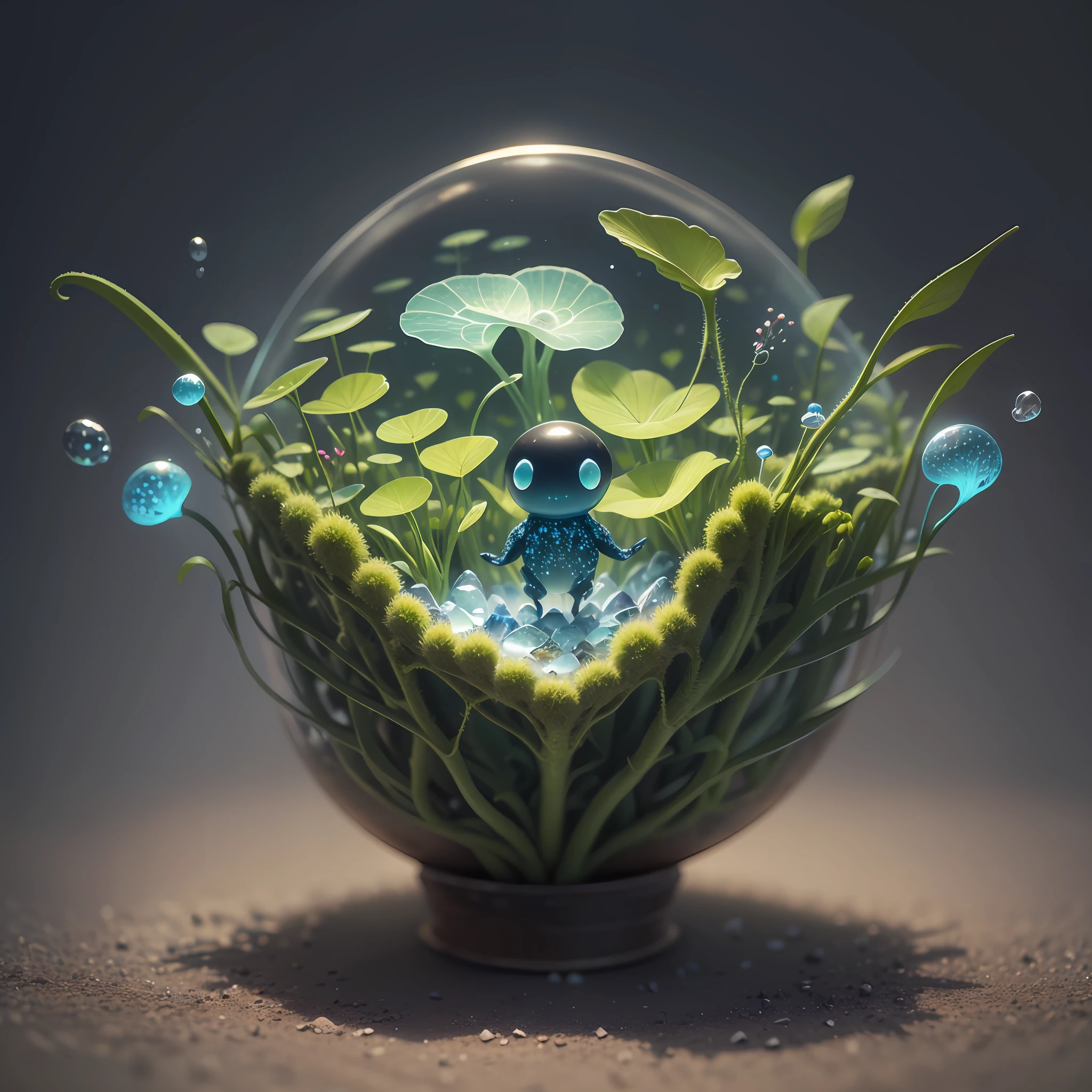 Generate images of creatures with humanoid body structures, But mainly composed of fungal elements. Its head resembles a big head, Dome-shaped crystal spring flower mushroom cap, fanciful, Colorful, Decorated with a luminous speckled pattern. Its arms are long, Flexible tendrils sprout from the shoulders, Able to be as vertical as a human hand. And not legs, It has a single, Thick, The stem is rooted in the ground. Its face is a small cluster, Bioluminescent spheres embedded in the bottom of the lid, Arranged in a way reminiscent of human facial features. photo-realism, ultra - detailed, 4K, A high resolution