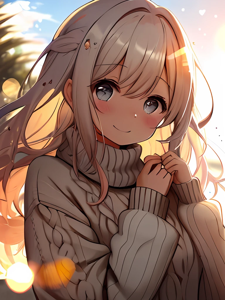 a girl, cozy sweater, (enorme risa: 1.1), (boca abierta: 1.1), (ojos bien abiertos: 1.2), resplandor del sol, bokeh, profundidad de campo, light particules, viento fuerte, (heart particles: 1.1)
