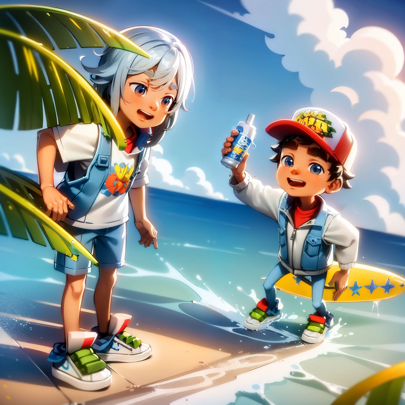 ((obra-prima, melhor qualidade)), (luz complexa), corpo inteiro, 1 boy standing, de costas, 1 raised arm holding a spray can, Another hand holding a surfboard, fundo tranparente png, camiseta vermelha, bermuda azul, White and Blue Sneakers, touches the head, cabelos pretos.