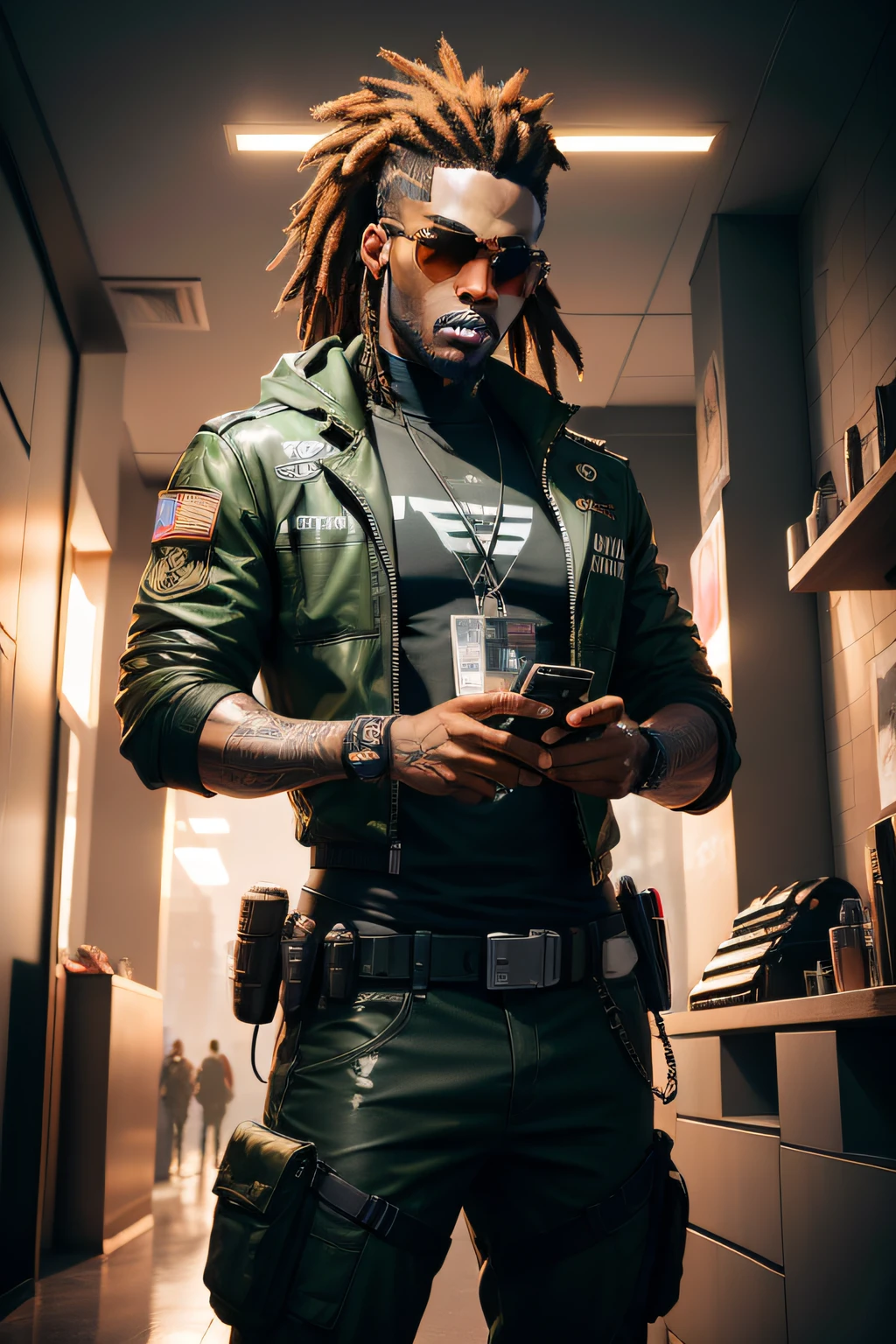 super high res, melhor qualidade, foto, 16k, (fotorrealista: 1.2), cinematic lighthing, An African American Man Who Has the Profession of Cyberpunk 2020 Middleman, He wears a mirrored sunglasses and dreads in his hair, In addition he wears a green camouflage outfit from the army that has a crow symbol on the left side of his chest. Pay meticulous attention to stunning details and achieve a resolution of 64K for an immersive and realistic visual experience. Let your work capture the essence of Cyberpunk 2020 where a tabletop role-playing game is set.