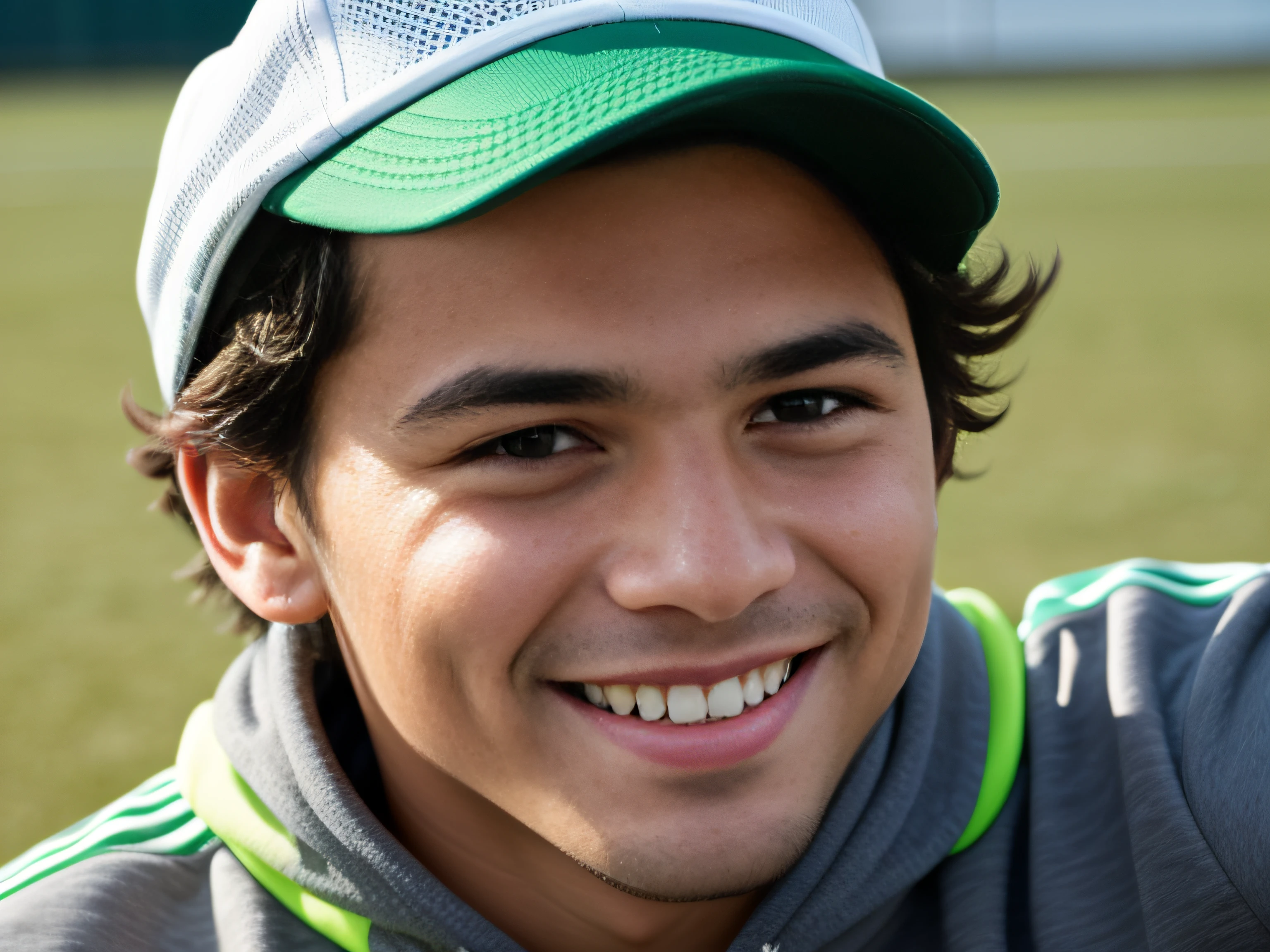 "Jovem jogador de futebol sorridente, wearing a baseball cap and a gray sweatshirt, em um campo verde. The image is a close-up headshot, retratando-o de perfil, with a slight smile and a confident expression. Inspirado por Elliot Alderson, The smile has a touch of smugness and confidence, capturado em um estilo de foto de avatar. The scene was photographed in the late 2010s, oferecendo um toque moderno, while the green lawn backdrop provides a sporty and dynamic vibe to the portrait of the young footballer, chamado André Krivulya."