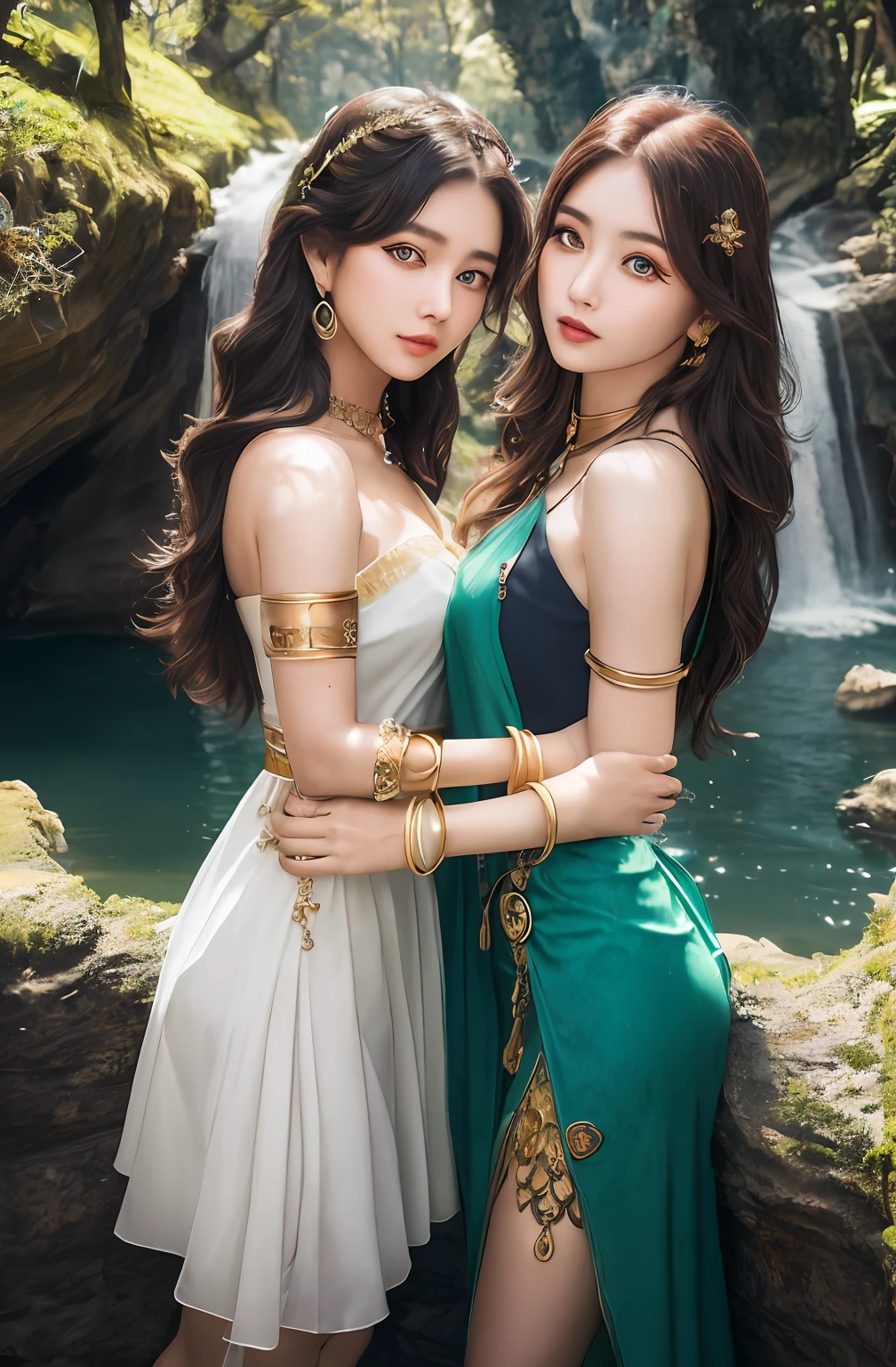 ((Realistic:1.5)),Ulzzang-6500:1.4,((Best quality)), ((Masterpiece)),((Detailed)),2girls,duo,{2 beautiful women}, (Upper body:1.3),Hug and touch each other, Tease your friend's waist, Breathless friends, Biting a friend's earlobe, crouched,super wide shot,Face focus, Long legs,Curvy, Barefoot,Wide hips, Thin legs, Oversized eyes,Long eyelashes, (Detailed face,beautidful eyes, detailedpupils,detailed clothes features, Clear background:1.3), (armlets, bangle:1.3), Mysterious ancient ruins, floresta exuberante, Deep canyon,bridge,River,cliff,Cloud,lakes,Rock music,Waterfalls, Flowers, Grass,grape trees,tree,bright detail,Sharp,Perfect compounding, Intricate, Sharp focus, Dramatic,