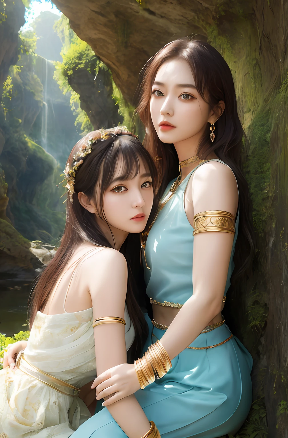((Realistic:1.5)),Ulzzang-6500:1.4,((Best quality)), ((Masterpiece)),((Detailed)),2girls,duo,{2 beautiful women}, (Upper body:1.3),Hug and touch each other, Tease your friend's waist, Breathless friends, Biting a friend's earlobe, crouched,super wide shot,Face focus, Long legs,Curvy, Barefoot,Wide hips, Thin legs, Oversized eyes,Long eyelashes, (Detailed face,beautidful eyes, detailedpupils,detailed clothes features, Clear background:1.3), (armlets, bangle:1.3), Mysterious ancient ruins, floresta exuberante, Deep canyon,bridge,River,cliff,Cloud,lakes,Rock music,Waterfalls, Flowers, Grass,grape trees,tree,bright detail,Sharp,Perfect compounding, Intricate, Sharp focus, Dramatic,