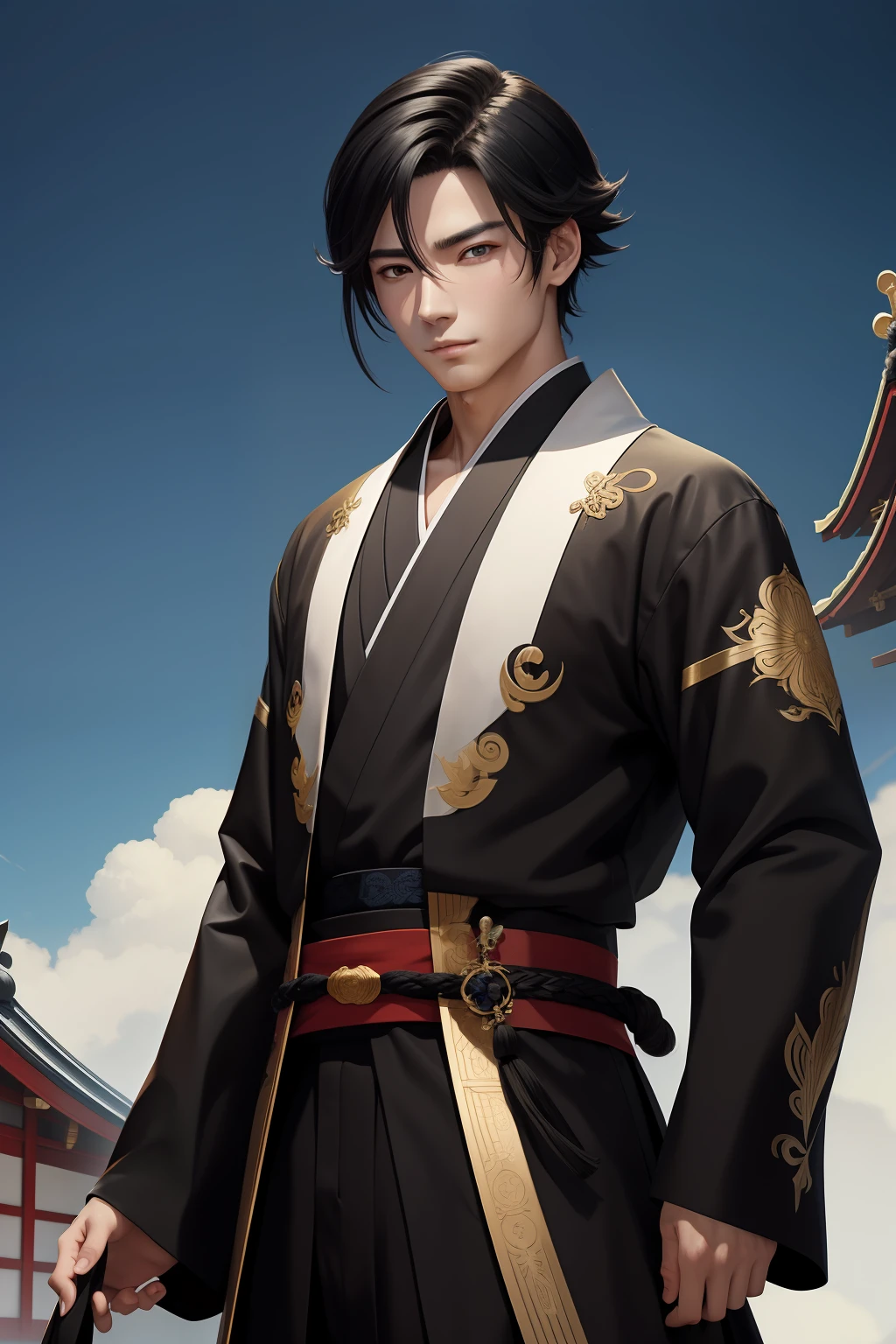 (masterpiece)8K分辨率、top-quality、Onmyoji Men、Handsome young man with black hair and black eyes。Model Style、Japanese style anime、