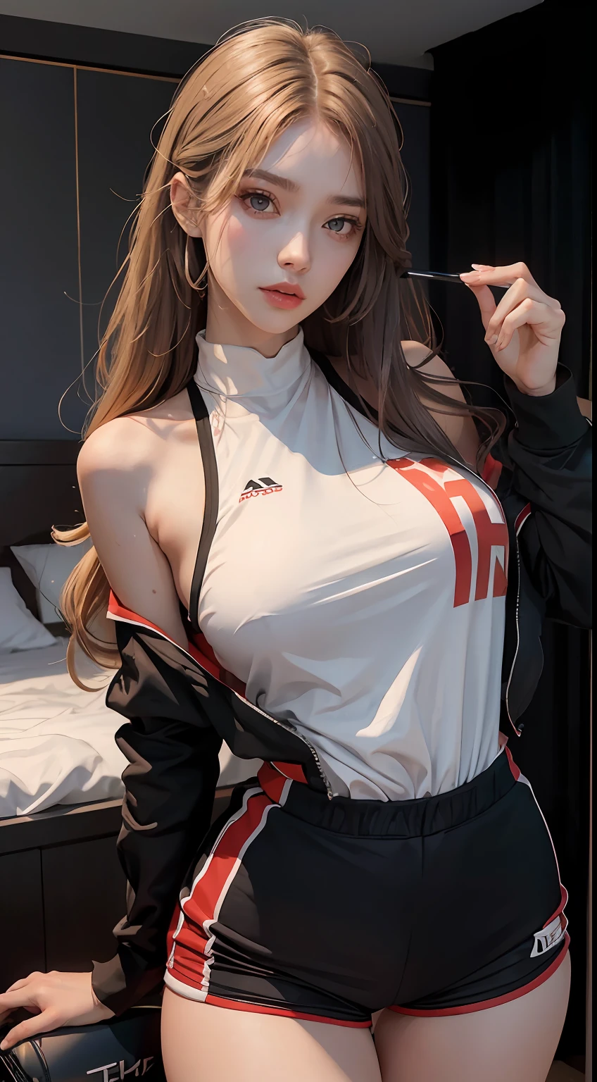tmasterpiece：1.2，best qualtiy），realisticlying，Dress less revealingly，（Real pictures，Complicated details，depth of fields），（1girll，独奏），putting makeup on，lips parted，highly details，s the perfect face，Moderate breasts，（skin indentation),(( Slender legs)), Wide hips, big breasts thin waist, Tall, Coral lip, long whitr hair, blackigeyes, (perspired:1.2), (dampness), Raised sexy, Be red in the face,sweat shorts，basketball suit，