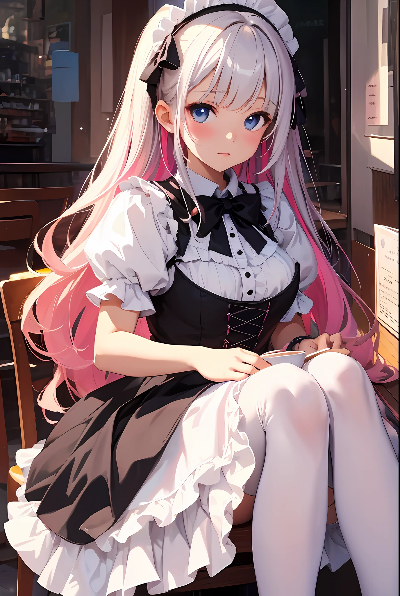 best qualityer，tmasterpiece，Ultimate resolution，downy，plethora of colors，Colorful，Big high school girl，full bodyesbian，Lolita long dress，white stockings，(Lolita shoes)，Cafe background，closeup of face