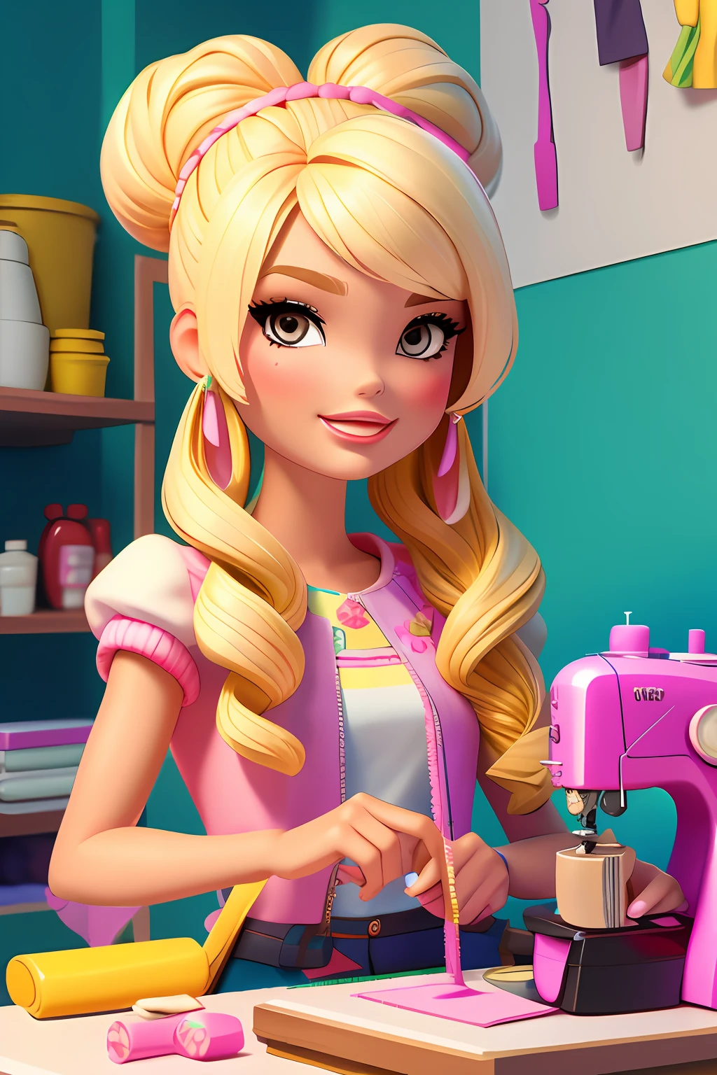 3DCHARACTER, 1 menina, mulher adulta, sardas, hazelnut eyes, Frohawk, Jammers, (in a sewing room of Aletiê, costureira, trabalhando), fundo simples, obra-prima, melhor qualidade, (fundo gradiente) cabelos loiros. Feliz, pastel hues, Estilo barbie, cabelo blondie, Loira