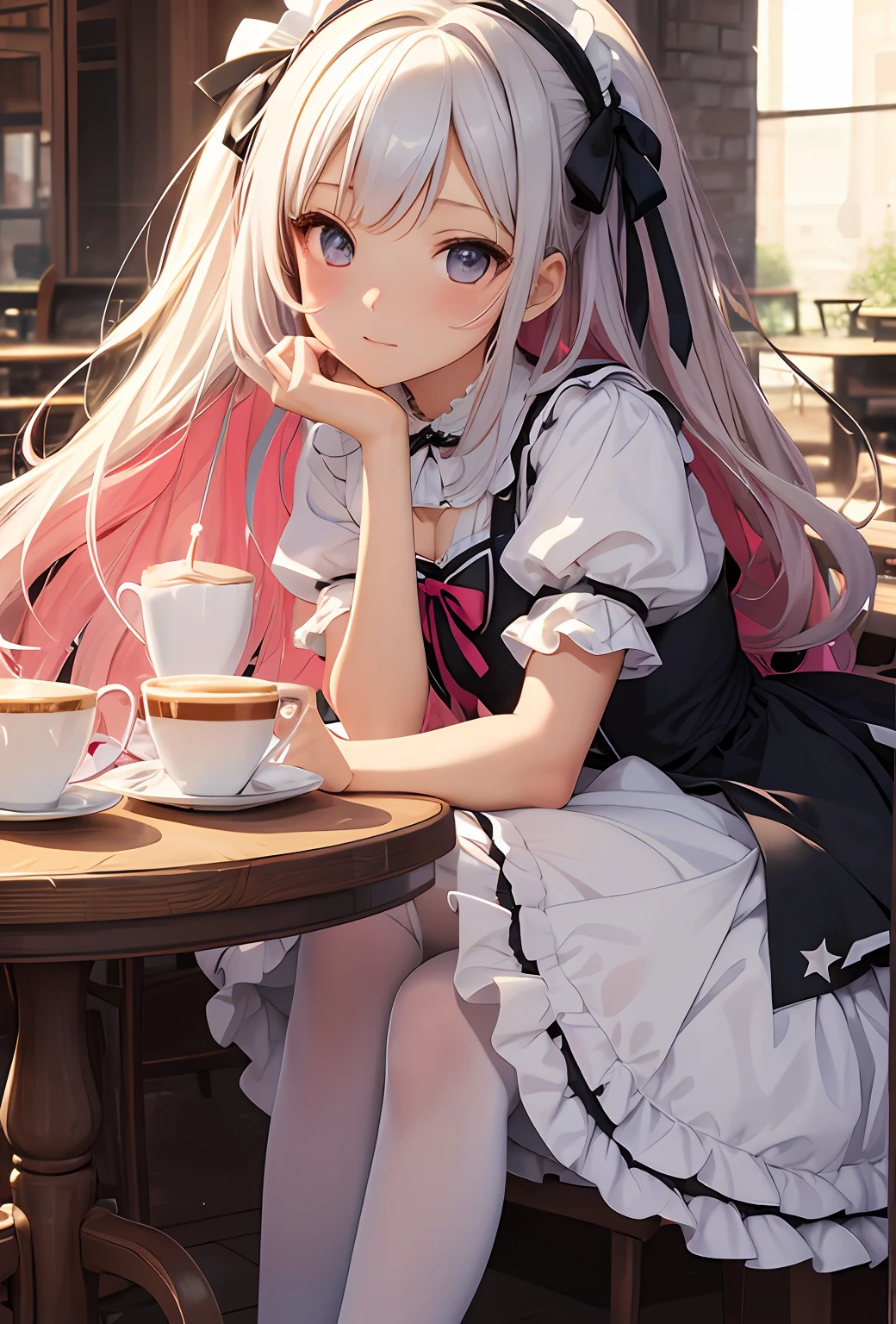 best qualityer,tmasterpiece,Ultimate resolution,downy,plethora of colors,Colorful,Big high school girl,Lolita long dress,white stockings,(Lolita shoes),Cafe background,closeup of face