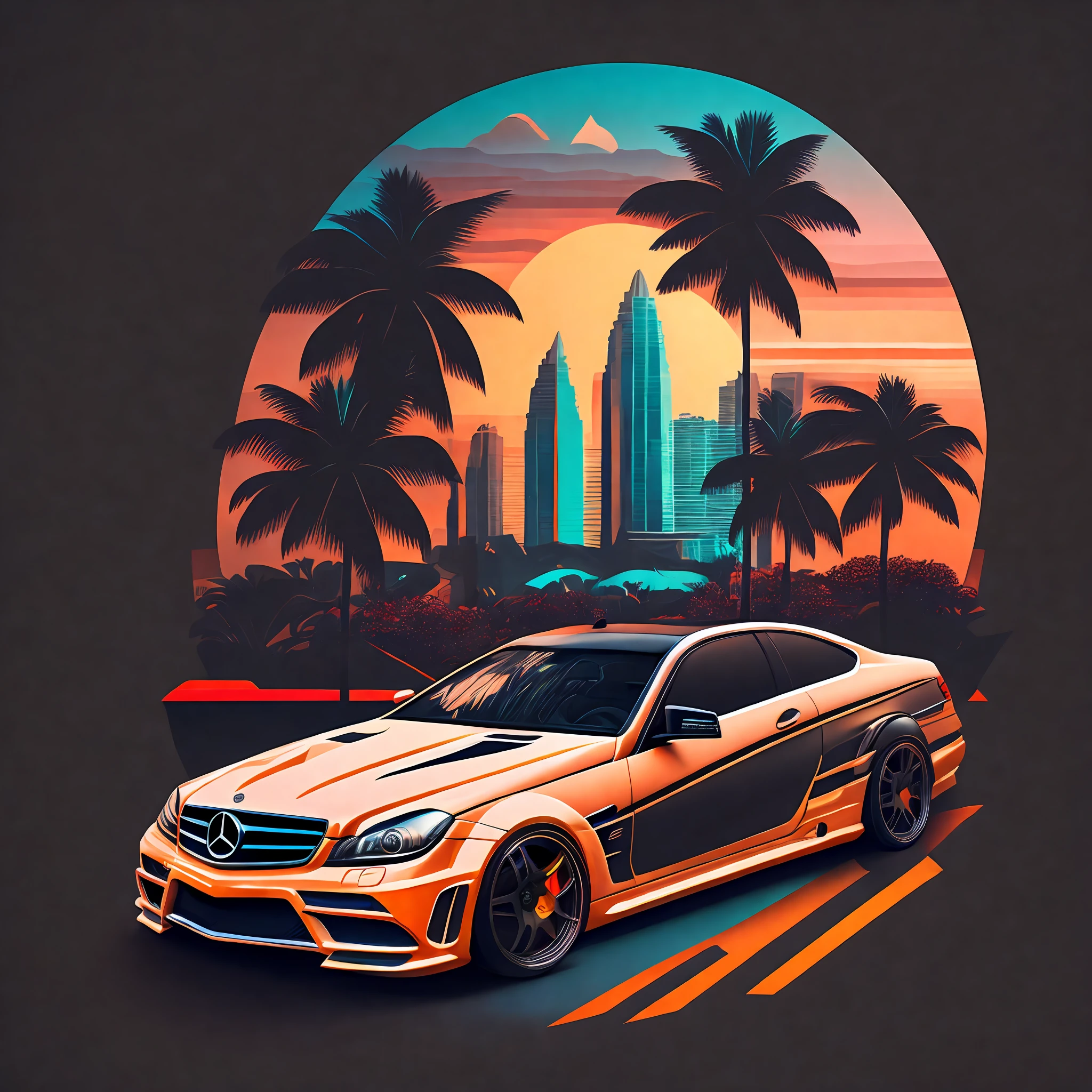 T-shirt graphic design art, a retro graphic design, Mercedes Benz C63, rua miami, cor suave de quatro cores, tom pastel vintage, limpeza altamente detalhada, imagem vetorial, obra-prima realista, fotografia profissional, carro realista, fundo simples do nascer do sol do carro, fundo preto plano, isometric, vetor vibrante