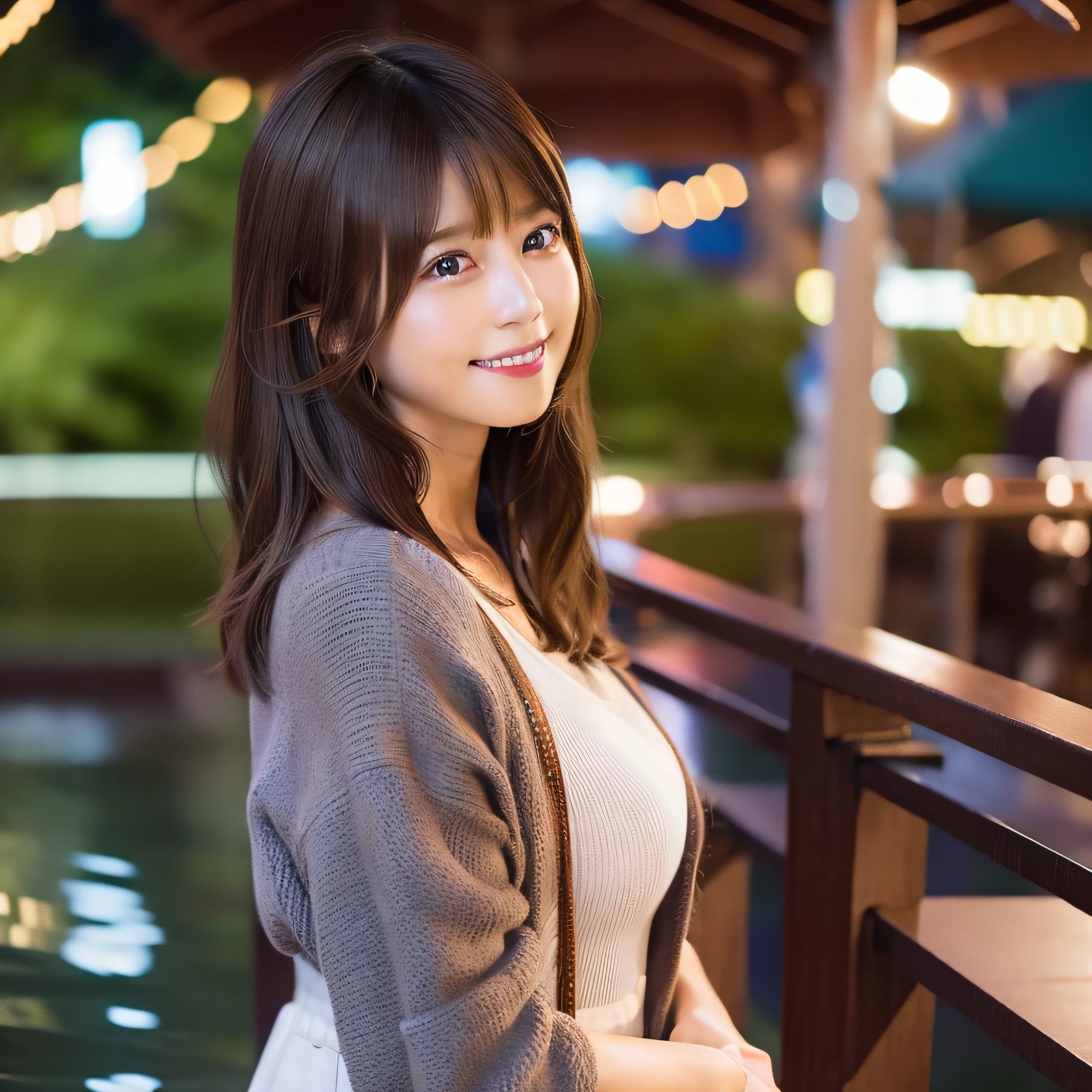 8K,Best Quality, 超A high resolution, (Photorealistic:1.4), Raw photo, (upper thigh:1.3, From Side:1.1), (Bokeh:1.4), (in a suite),Waterside Cafe, 1日本人の女の子, Cute, (Solo:1.6), (Shy smile), (Dark brown eyes), Smooth skin, (Brown medium hair,Bangs), (touch hair:1.4),nogizaka,a park,Fashionable clothes、full bodyesbian、:1.2:1.2
