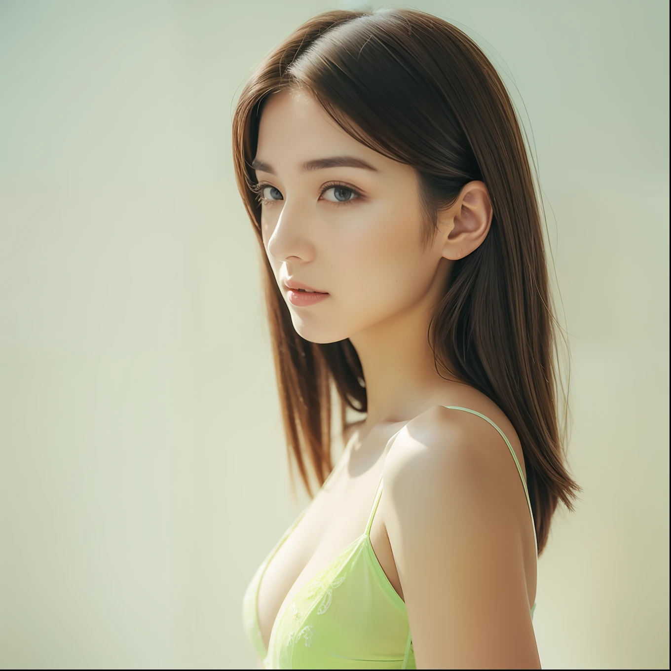 Woman in pale lime green lingerie、White plain wall background、Fashion Writing、Warm colored light、Soft lighting、full-body view、view from back、Turn your face from the side、Slender body、skinny thigh、small and beautiful breasts、((Black Eyes 1.2))、long lashes、Brown hair、Hair that flutters in the wind、Fashion poses、Photorealsitic:1.4、8K、film grains