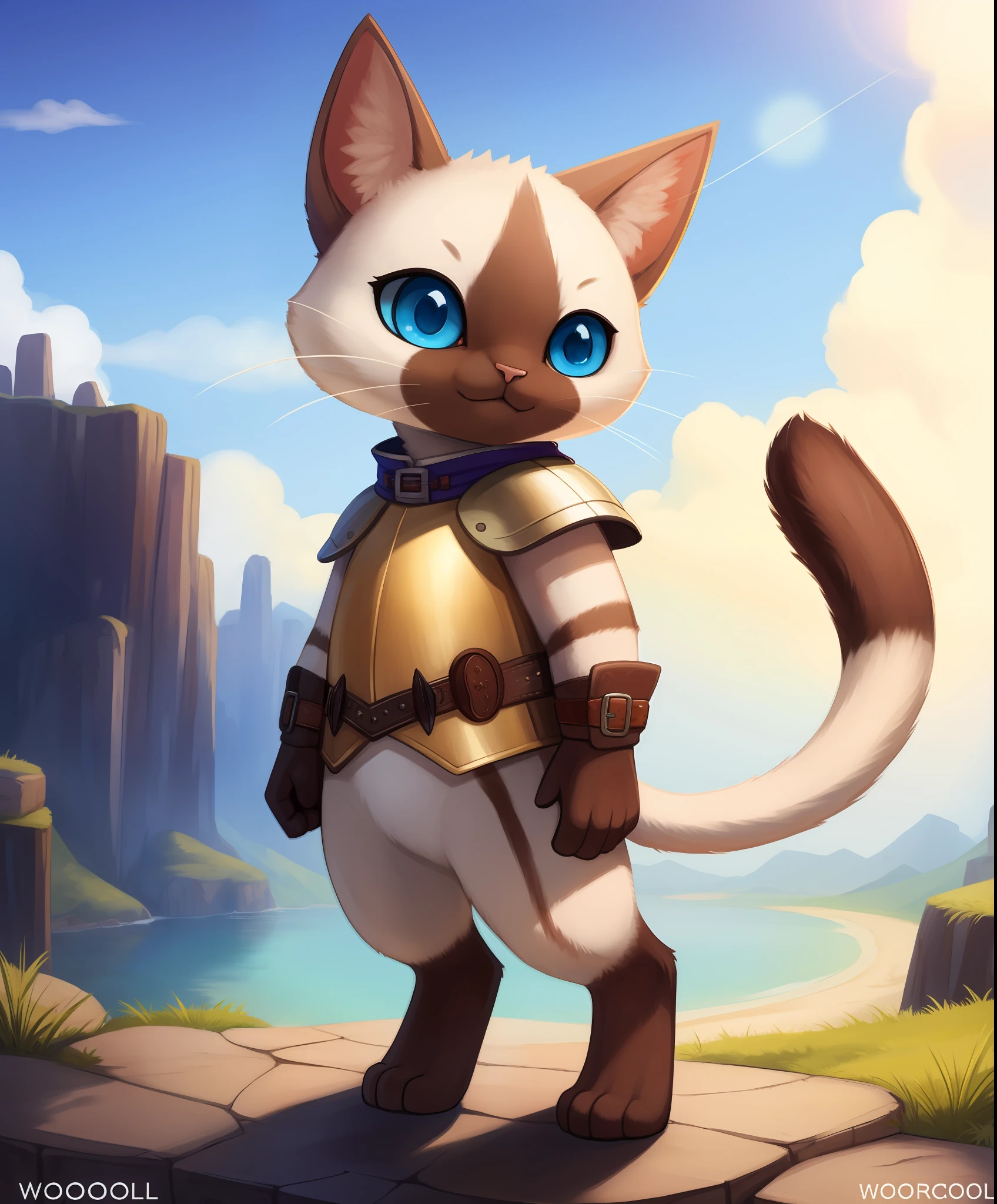 (feral:1.2), felyne, felid, thin, hi res, soft shading, detailed eyes, beautiful eyes, detailed face, good anatomy, 1tail, tail, cinematic lighting, by woolrool, crayon \(artist\), buta99, detailed background, outdoors, blue eyes, slit pupils, tan fur, brown fur, breastplate, acornarmor, standing, fantasy