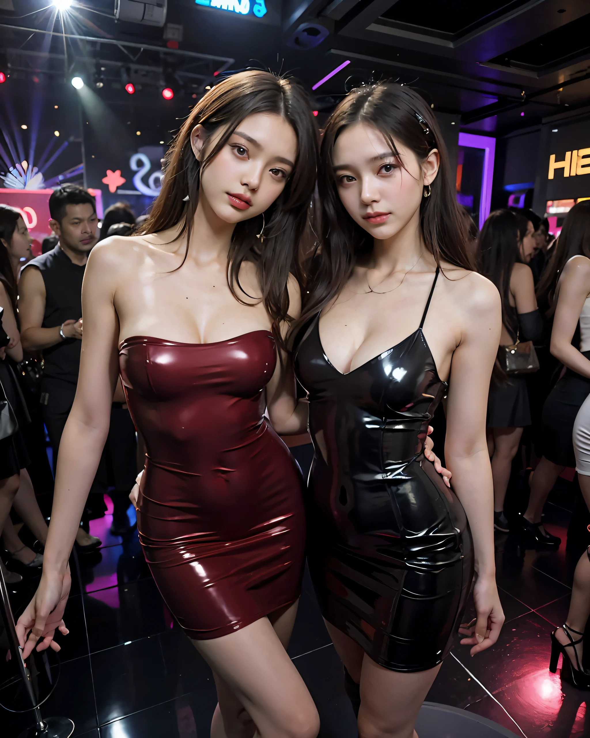 Two women in latex dresses taking photos at a party, sexy dress, trending at cgstation, Tight Dress, skin tight dress, shiny black dress, two models in the frame, Sexy :8, Two girls, latex dress, tube-top dress, latex outfits, nightclubs, beautiful gemini twins, taken in night club, photo of slim girl model, twins