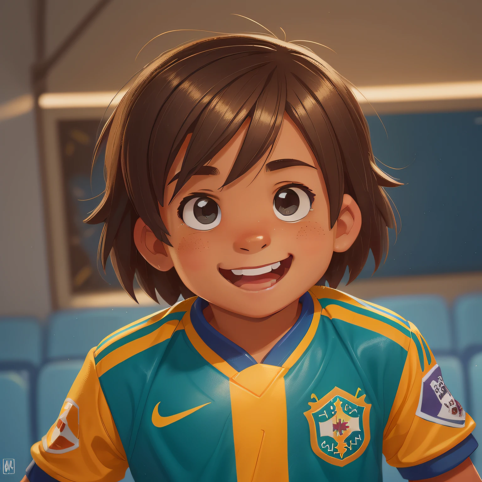 menino de 9 anos, com cabelos curtos, cabelos castanhos, olhos castanhos, de frente, com olhar expressivo, sorridente e feliz, With uniform of the Brazilian national soccer team, estilo disney pixar, imagem 8k, uhd, fundo desfocado.
