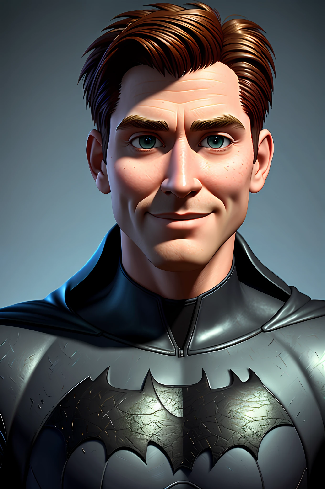 (Pixar style: 1.25) A waist-high portrait of Batman, smile, natural skin texture, 4K textures, HDR, intricate, highly detailed, sharp focus, cinematic visual, hyper-detailed