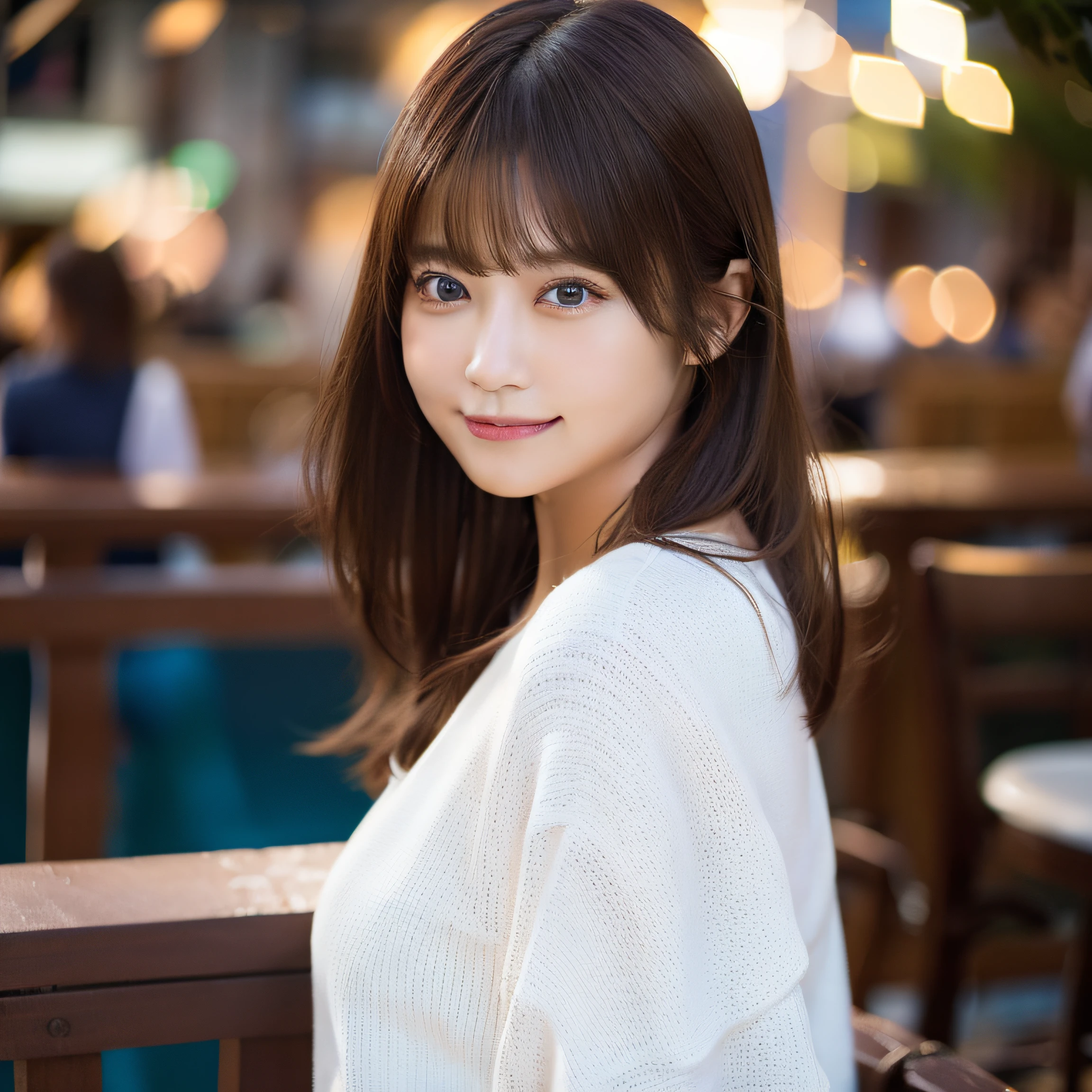 8K,Best Quality, 超A high resolution, (Photorealistic:1.4), Raw photo, (upper thigh:1.3, From Side:1.1), (Bokeh:1.4), (in a suite),Waterside Cafe, 1日本人の女の子, Cute, (Solo:1.6), (Shy smile), (Dark brown eyes), Smooth skin, (Brown medium hair,Bangs), (touch hair:1.4),nogizaka,a park,Fashionable clothes、full bodyesbian、:1.2:1.2