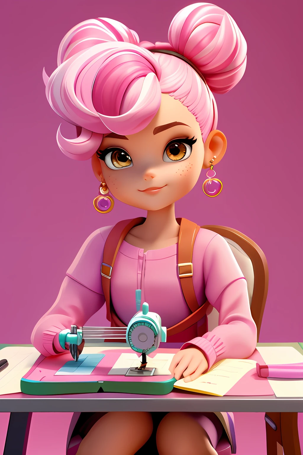3DCHARACTER, 1 menina, mulher adulta, sardas, hazelnut eyes, Frohawk, Jammers, (sitting at a table working in sewing aletiê), fundo simples, obra-prima, melhor qualidade, (fundo gradiente rosa) cabelos loiros. Feliz, pastel hues, Estilo barbie, bondie hair