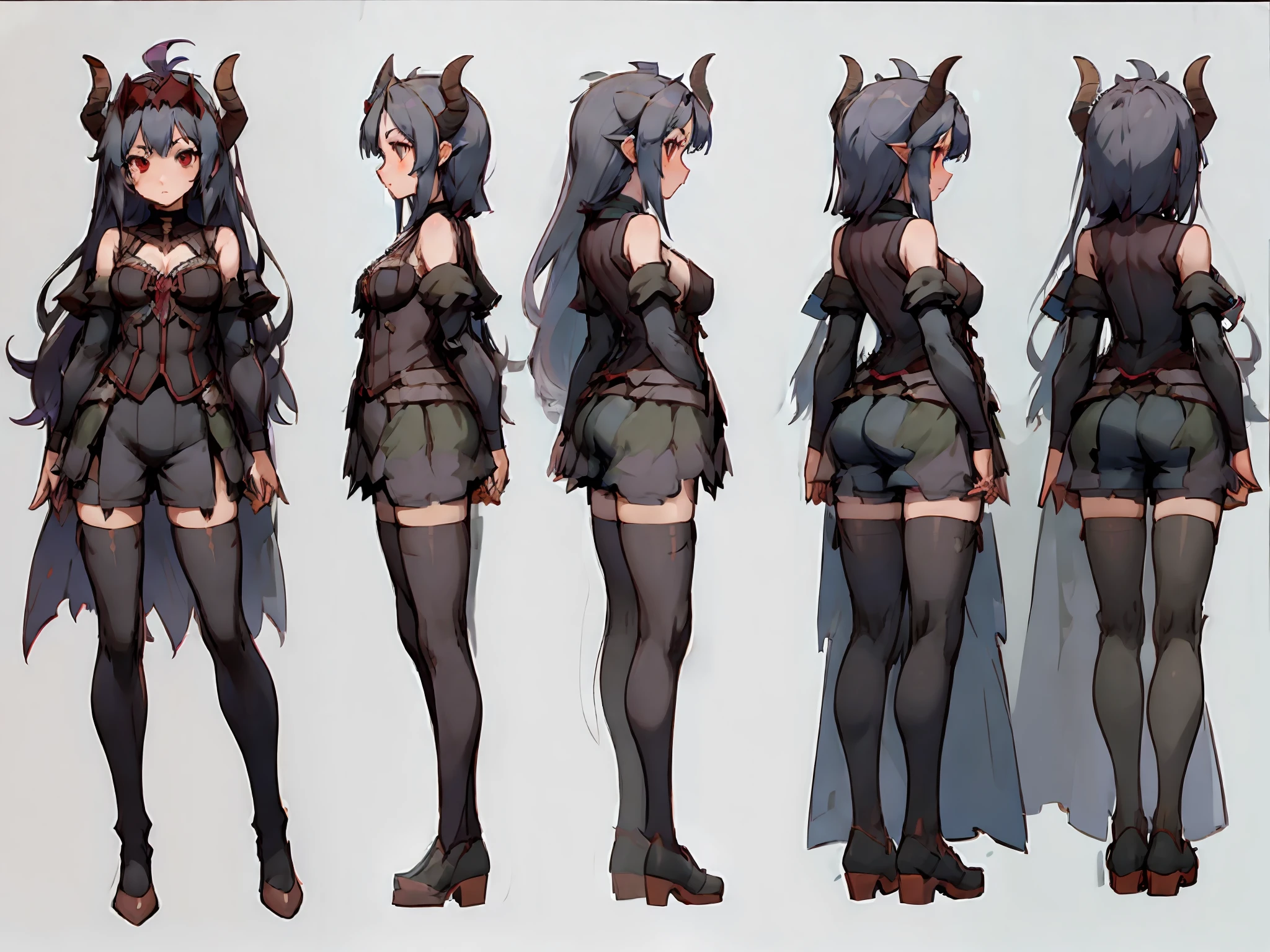 ((masterpiece)),(((best quality))),((character design sheet,same character,front,side,back)),illustration,1 girl,long hair,hair on eyes,beautiful eyes,environment Scene change, pose too, female demon, horns, thighhighs, charturnbetalora, (simple background, white background: 1.3), small boobs, cleavage, reaveling cloths