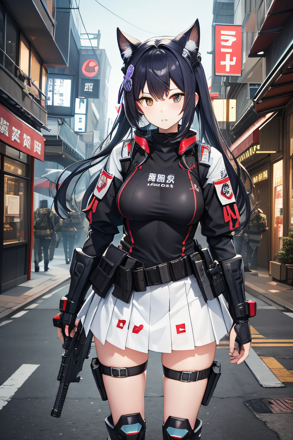 cyberpunked。near future。Heavily armed。TOKYOcty。outside of house。a miniskirt。Standing and spreading your legs。battlefield。
