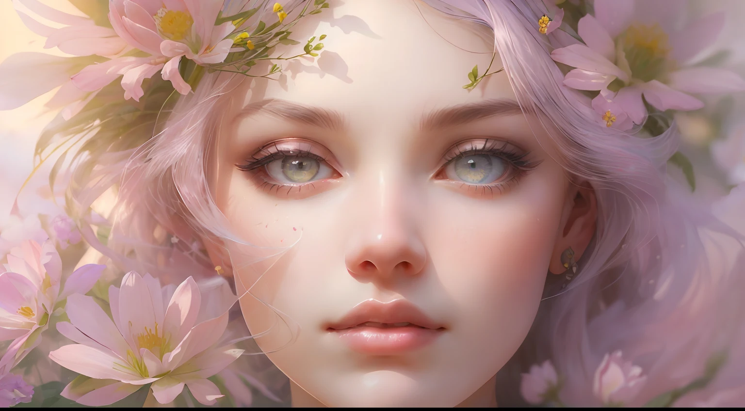 This artwork is dreamy and ethereal, with soft pink watercolor hues. Generate a delicate and demure flower maiden with soft, realistic hair dancing in the breeze. Her sweet, realistic face is extremely detailed and has puffy, big lips and stunning, highly realistic eyes. Her eyes are important and should be realistic, highly detailed, and beautiful. The flower maiden is wearing delicate and elegant fabric of silk and satin. She is surrounded by beautiful flowers of varying sizes and colors and flower petals dancing in the wind around her. The background is detailed, wild, and unruly, with wildflowers and wind and pollen creating a dynamic and compelling image. She wears an ornately flowered headdress that enhances her soft beauty. Include a soft watercolor sky. Include fantasy details, enhanced details, iridescence, colorful glittering wind, and pollen. Pay special attention to her face and make sure it is beautifully and realistically detailed. The image should be dreamy and ethereal.8k, intricate, elegant, highly detailed, majestic, digital photography, art by artgerm and ruan jia and greg rutkowski, (masterpiece, finely detailed beautiful eyes: 1.2), hdr, realistic skin texture, ((fantasy00d:1)), rays of light, ornate flowers, dew drops, sunlight, hazy rays of sun, flowergateway style, castle, palace, archway, flowers, growing