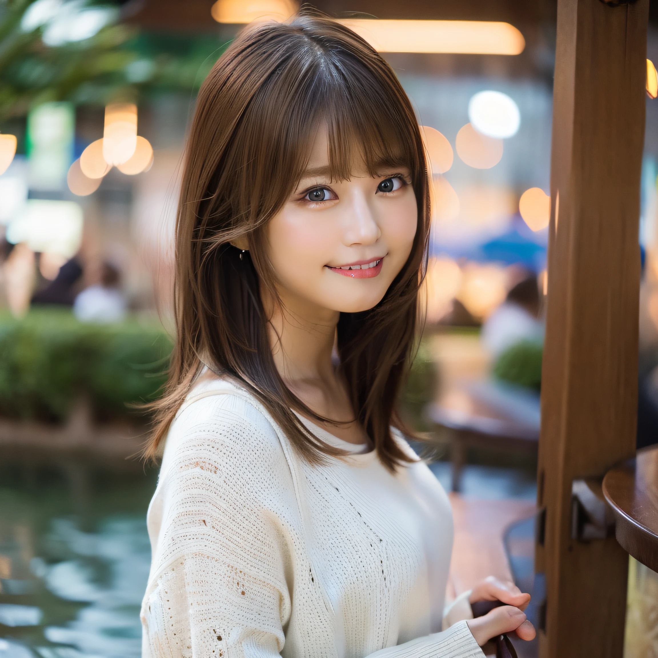 8K,Best Quality, 超A high resolution, (Photorealistic:1.4), Raw photo, (upper thigh:1.3, From Side:1.1), (Bokeh:1.4), (in a suite),Waterside Cafe, 1日本人の女の子, Cute, (Solo:1.6), (Shy smile), (Dark brown eyes), Smooth skin, (Brown medium hair,Bangs), (touch hair:1.4),nogizaka,a park,Fashionable clothes、full bodyesbian、:1.2:1.2