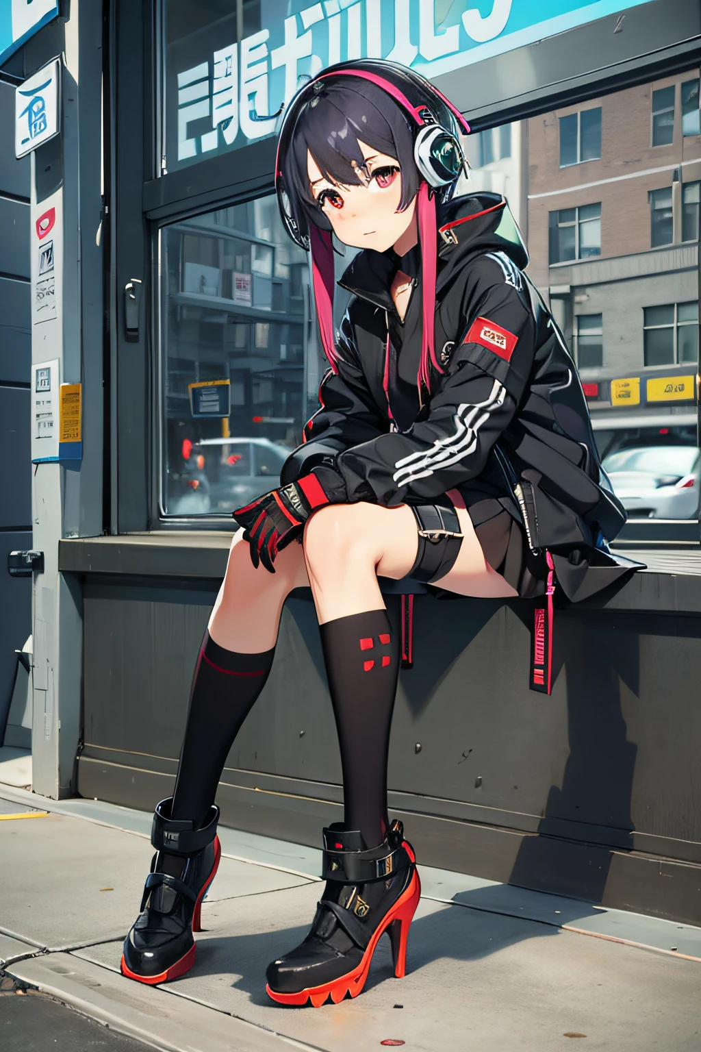 cyberpunked。outside of house。a miniskirt。Standing and spreading your legs。
