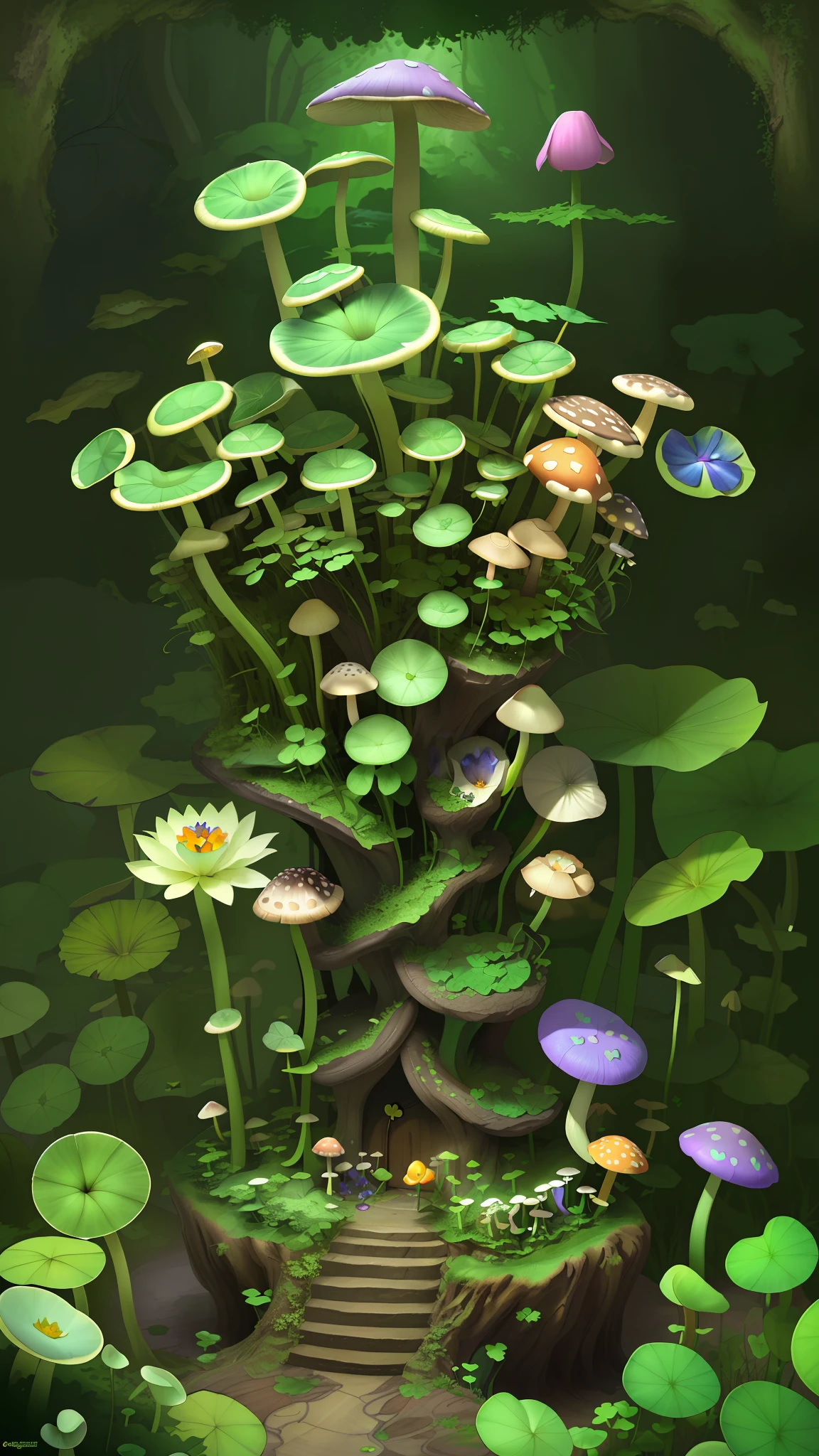 "Mushroom forest，morning glory，butterflys，lotuses，four-leaf clover，morning glory，Cyber Mushroom Forest，Ultra-detailed digital fantasy art。Mushrooms are everywhere in the picture，The unique mushroom shape creates a magical casa scene。"