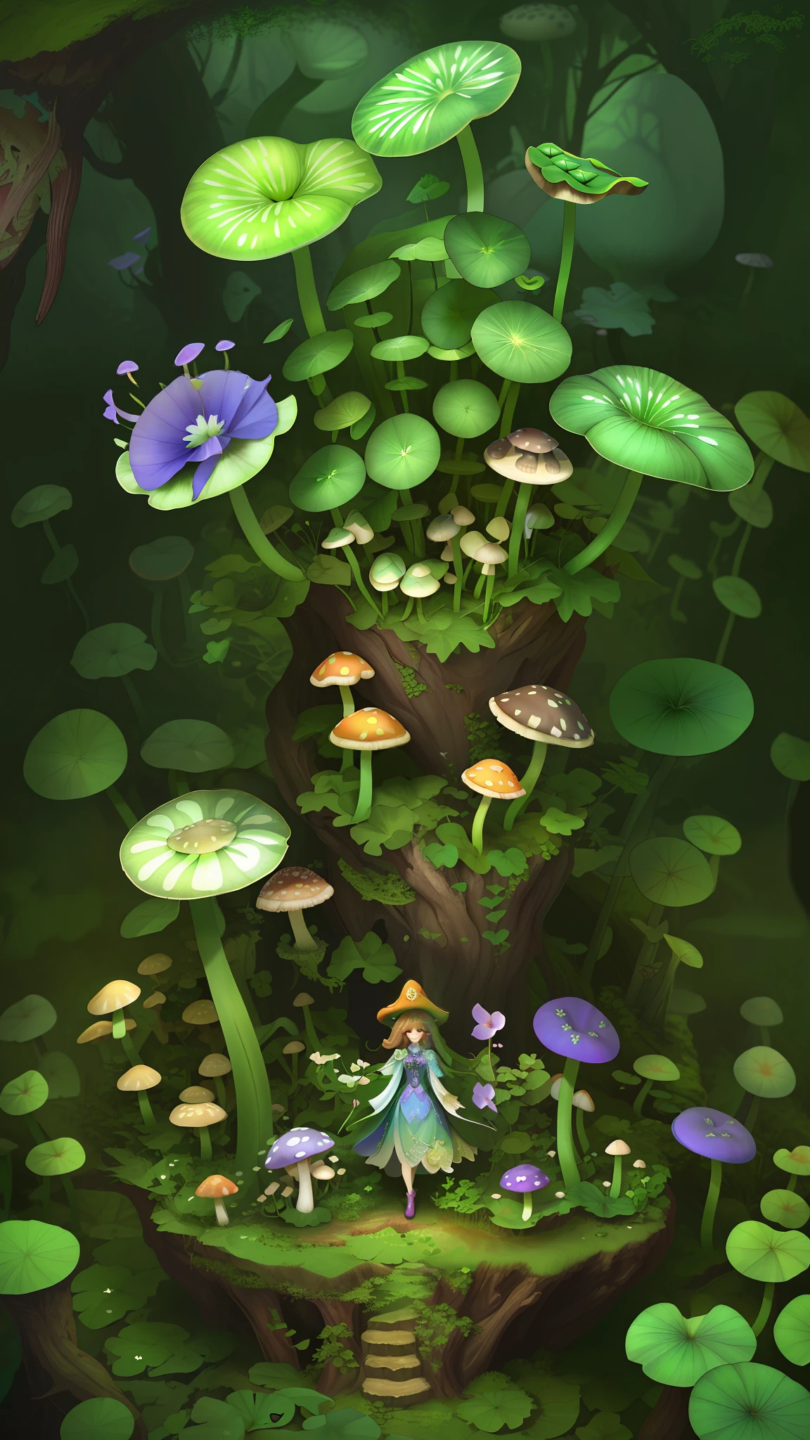 "Mushroom forest,morning glory,butterflys,lotuses,four-leaf clover,morning glory,Cyber Mushroom Forest,Ultra-detailed digital fantasy art。Mushrooms are everywhere in the picture,The unique mushroom shape creates a magical casa scene。"