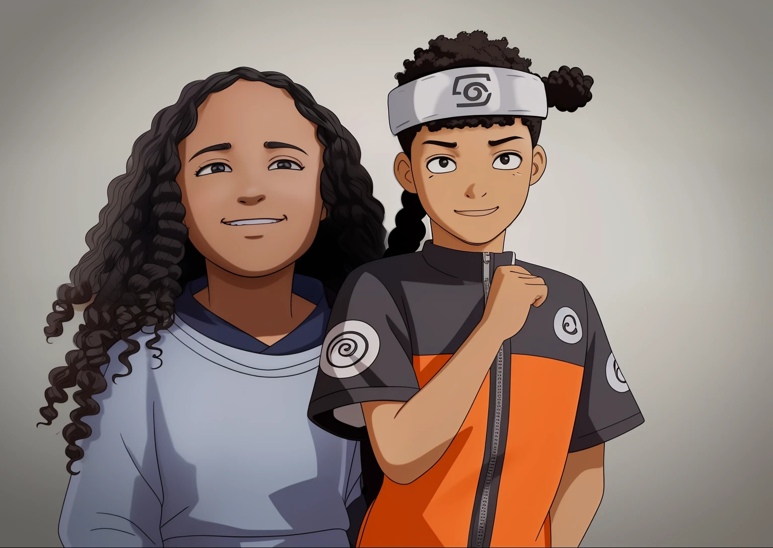 create a delicate cartoon with facial features the same as the image, on the left a black girl with curly hair wearing common clothes, on the right a black boy with curly hair with naruto costume and naruto headband