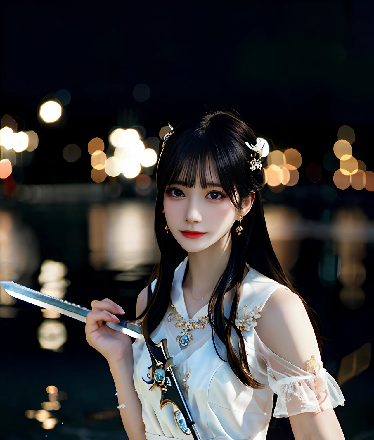 (realisticity: 1.2), best quality, masterpiece, highres, cg,
1girl, weapon, sword, long hair, dress, water, solo, jewelry, white dress, earrings, hair ornament, splashing, upper body super realistis, hair bun, black hair, city bacgraun realistis,
lighting,candid, Photograph, high resolution, 4k, 8k, Bokeh,