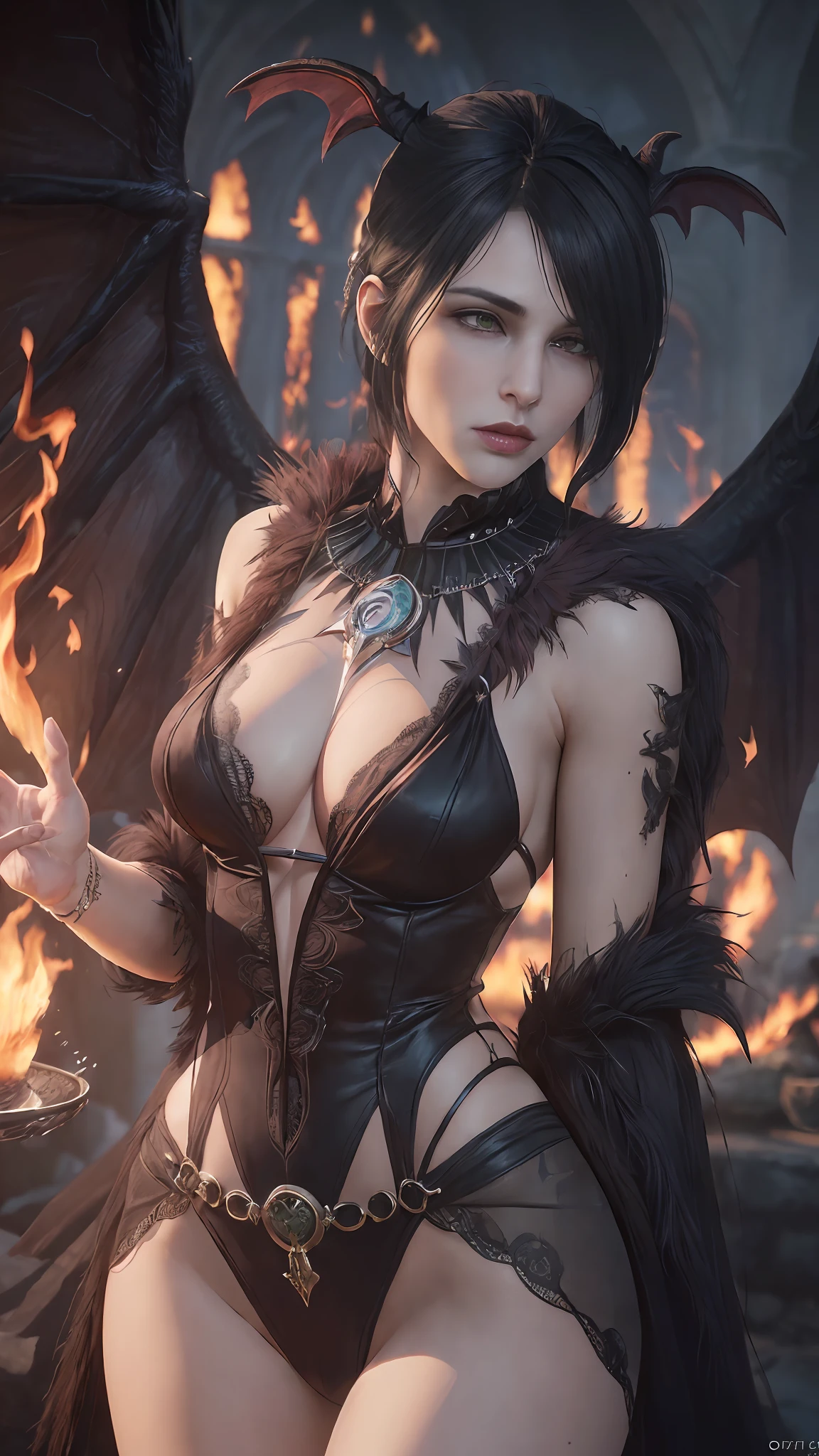 (Dark Fantasy:1.2), (Masterpiece, Epic Quality, Epic Realism, Ultra Resolution, 8K Photo Unity, Epic Detail: 1.1), witch fur robe, (((morrigan))), dark hair, (((waiving a fire spell))), (Intricate Details, Dynamic Angle, Rim Lighting, Soft Lighting, (Professional Photography, Photorealism, Hyperrealism), Ray Tracing, HDR, beautiful hands