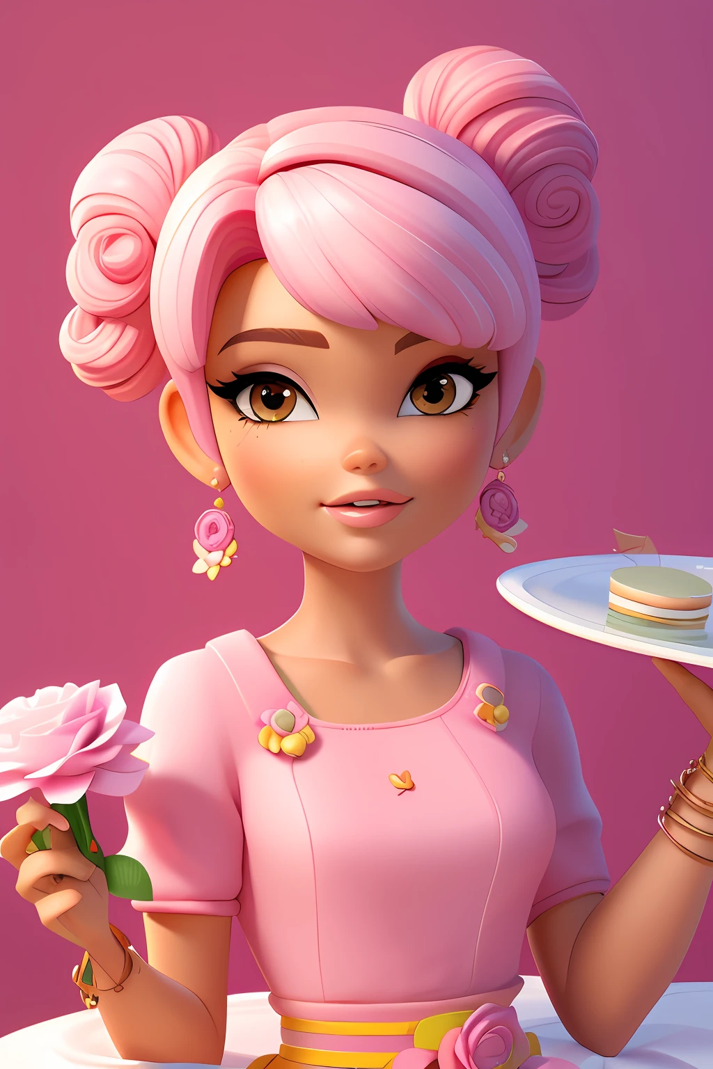 3DCHARACTER, 1 , mulher adulta, sardas, hazelnut eyes, Frohawk Rosa, Jammers, (sentada em uma mesa trabalhando), fundo simples, obra-prima, melhor qualidade, (fundo gradiente rosa) cabelos loiros. Feliz, pastel hues, Estilo barbie