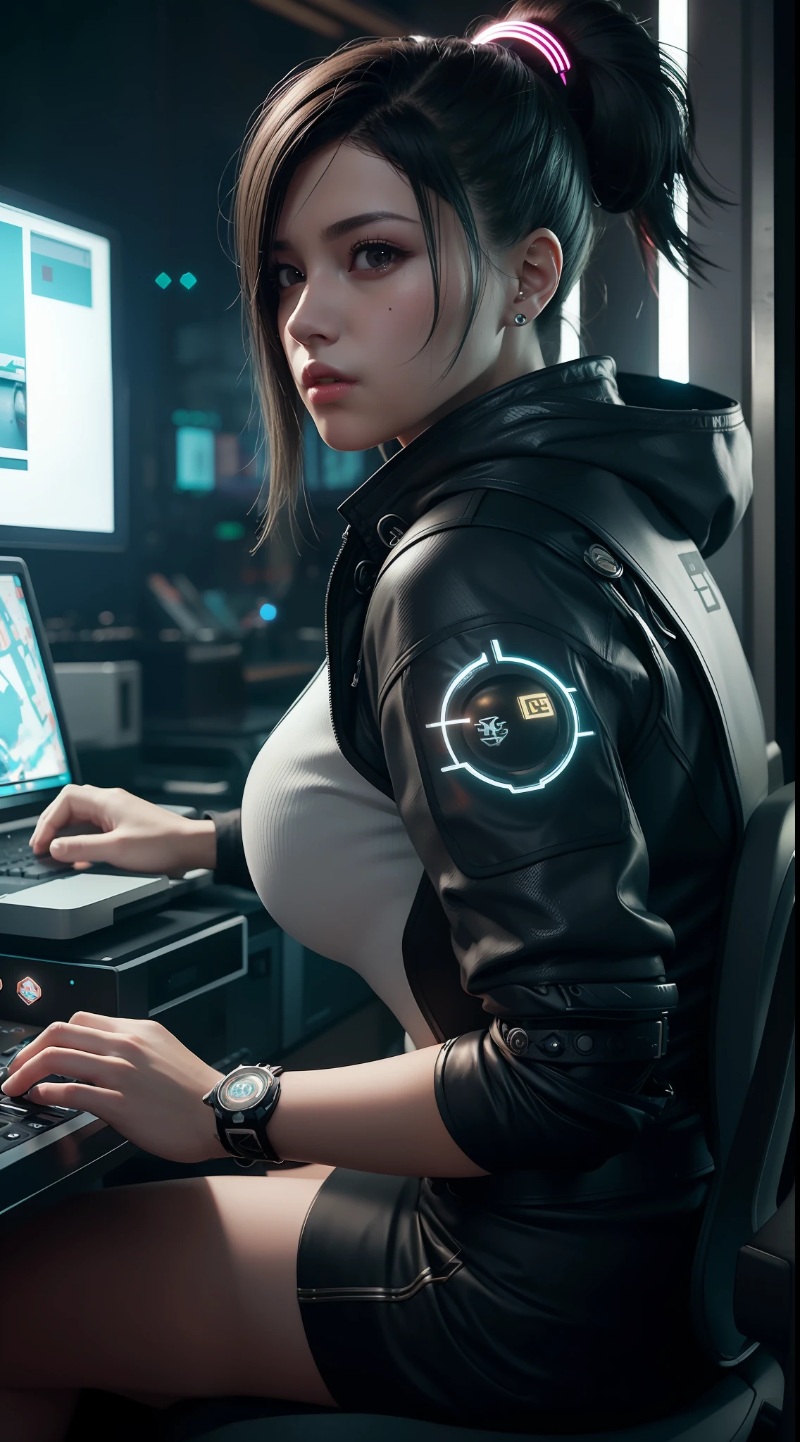 ((Best Quality)), ((Masterpiece)), (Very detailed:1.3), 3D, Beautiful (Cyberpunk:1.3) Female hacker, Mohican hairstyle, back to viewer, thick hair, operating computer terminal, head-mounted display, computer server, LCD screen, fiber optic cable, company logo, HDR (high dynamic range), ray tracing, nvidia RTX, super resolution, Unreal 5, subsurface scattering, PBR texture, post-processing, anisotropic filtering, depth of field, Maximum sharpness and sharpness, multi-layered textures, albedo and highlight maps, surface shading, accurate simulation of light-material interactions, perfect ratios, octane rendering, duotone lighting, low ISO, white balance, rule of thirds, wide aperture, 8K RAW, efficient sub-pixels, subpixel convolution, luminous particles, dynamic pose