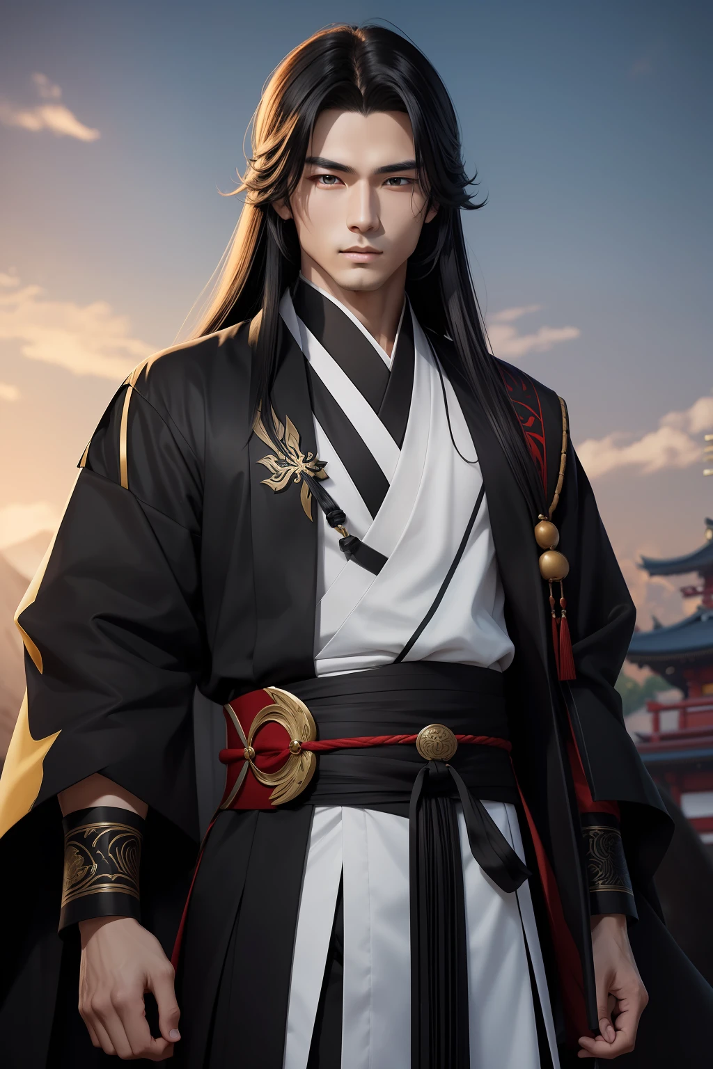 （​masterpiece）8K分辨率、top-quality、An onmyoji man performing techniques、Handsome young man with black long hair and dark eyes。Model style、Japan style anime、